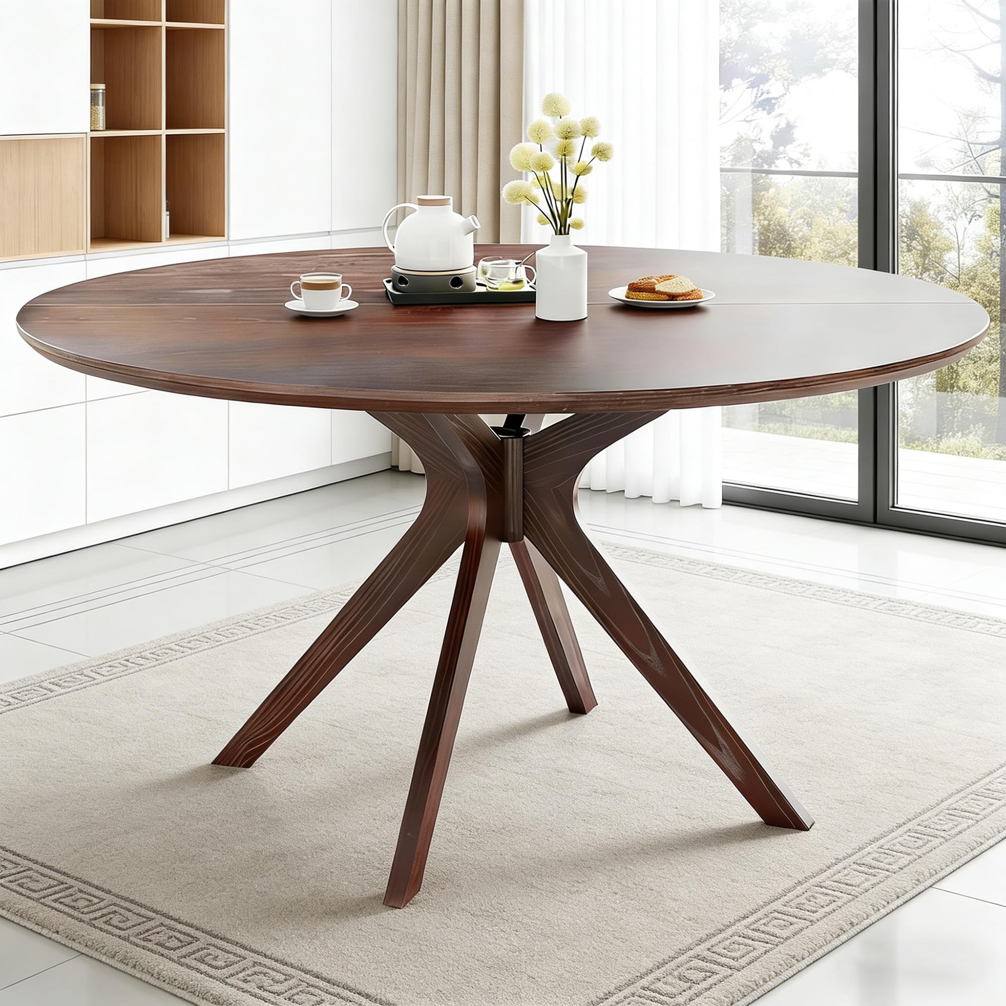 Bellemave Round Dining Table for 4-6, Solid Wood 47" Kitchen Table with Intersecting Pedestal Base, for Kitchen, Dining Room, Living Room (Walnut)