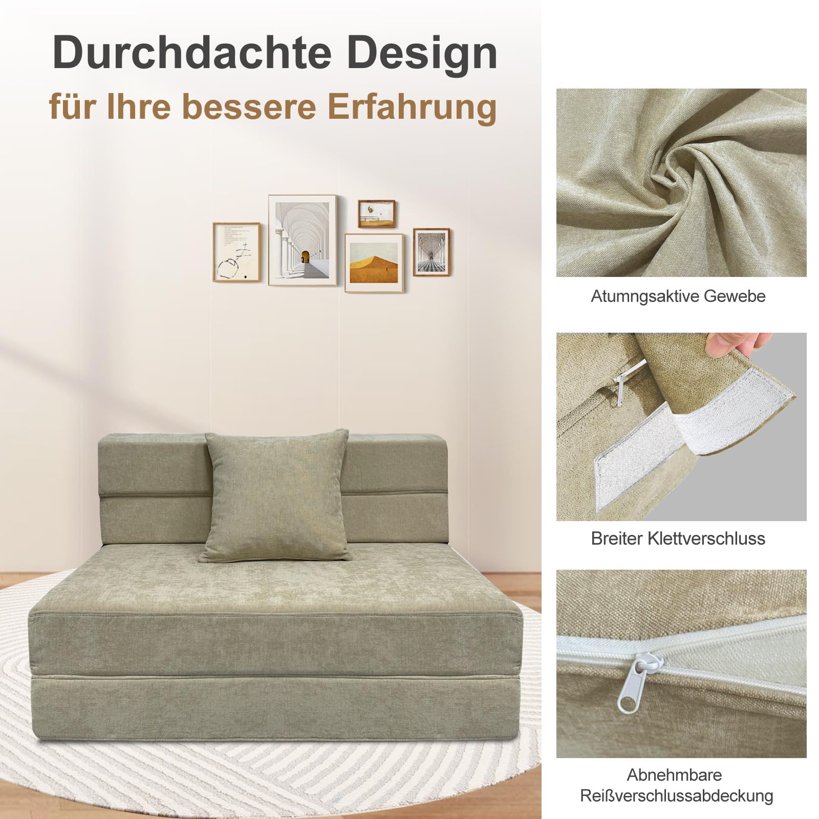 ANONER 100 x 190 cm Schlafsessel klappbar, Gästesofa Klappbar 100 x 190 cm, Schlafsofa Klappsessel mit Memory Schaum & Kissen, Faltbares Tragbarer Stuhl für Wohnzimmer Lofts, Waschbar Set, Beige