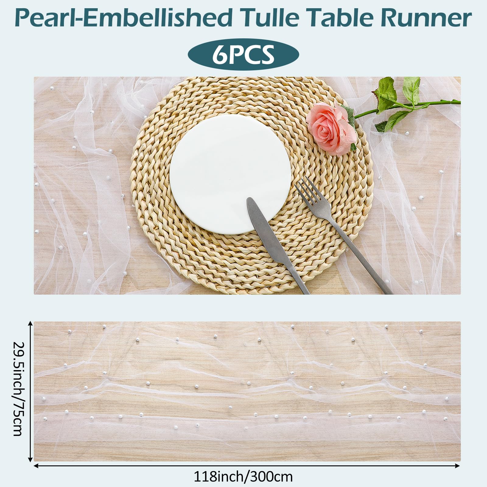 Confezione da 6 runner da tavola in tulle bianco perlato da 3 m, runner da tavola in stile bohémien, rustico, tovaglia per formaggio, romantico, per matrimoni, matrimoni, baby shower, feste di