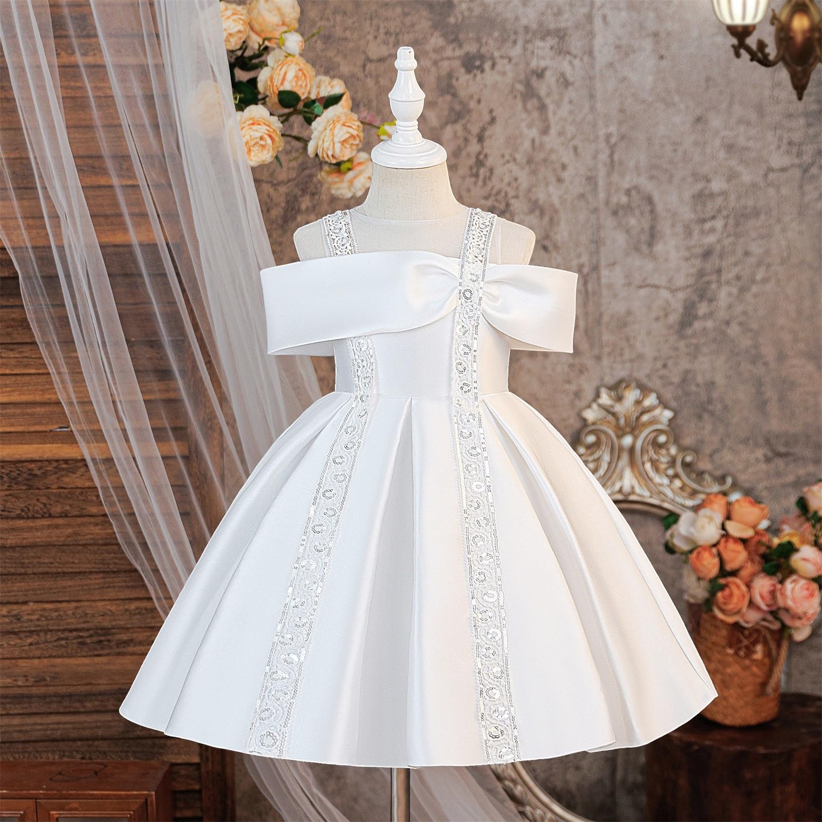 Kleid MäDchen Festlich - schulterfreies Tutu-Kleid Mesh für feierliche Anlässe elegante Partyrobe mit Rundhalsausschnitt Paillettenverzierung ärmelloses Sommerkleid für von drei bis acht Jahren