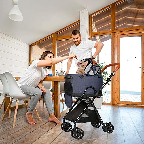 Miniatura 2 de LUCKYERMORE Cochecito plegable de lujo para mascotas desmontable 2 en 1, bolsa de transporte para mascotas, asiento de coche, cochecito para perros