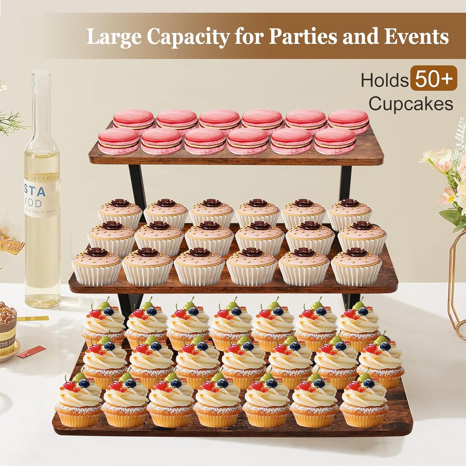 3 Tier Cupcake Stand for 50 Cupcakes,Wood Metal Riser Dessert Table Display Stand,Rustic Stepped Cupcake Ladder Tiered Tray Stand for Party Farmhouse Wedding Birthday Graduation - Image 3