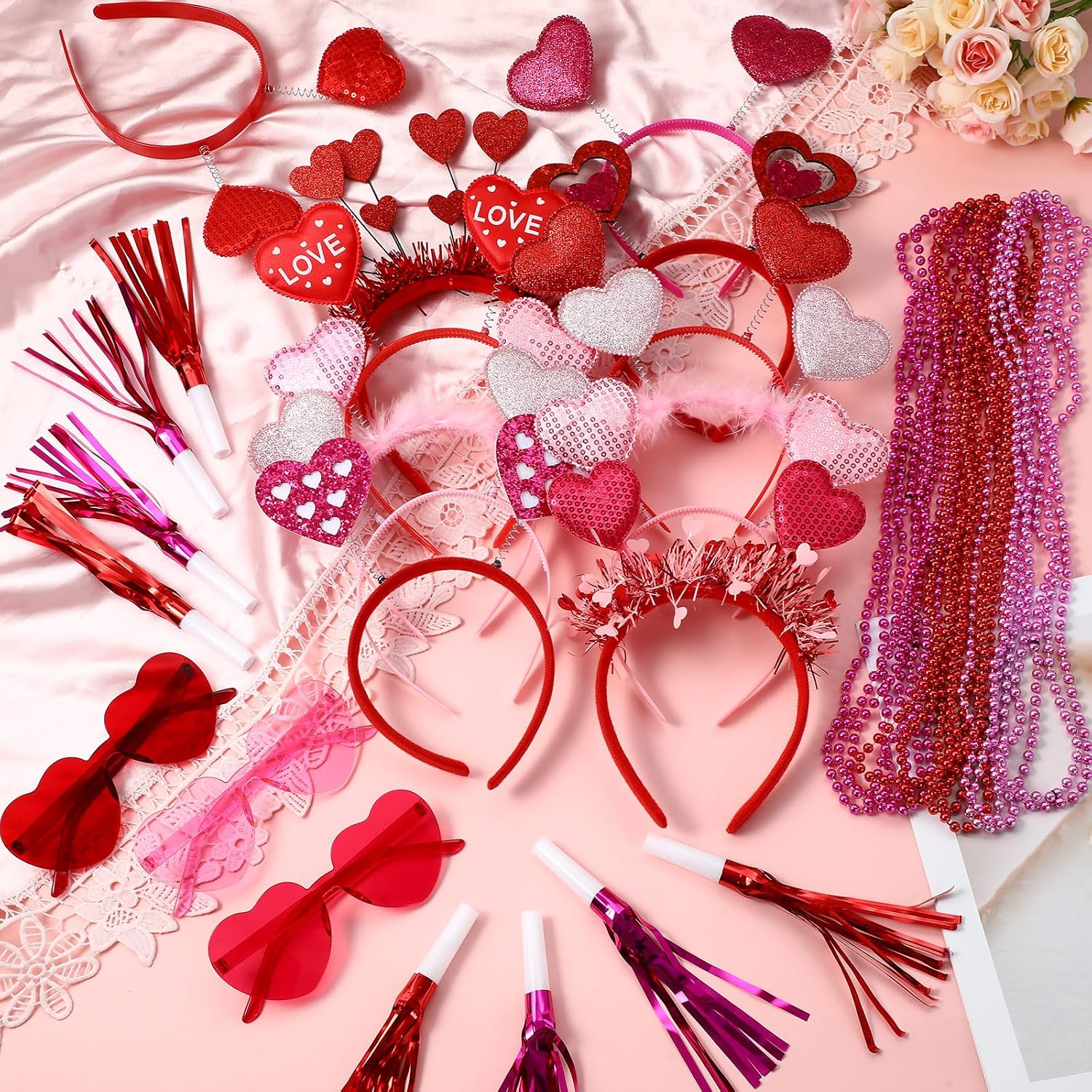48 Pcs Galentine s Day Party Accessories Included Headbands Glasses Bead Necklace Foil Horn for Galentines Day Decorations Photo Props Costume Wedding Birthday Party Decor Supplies Gifts
