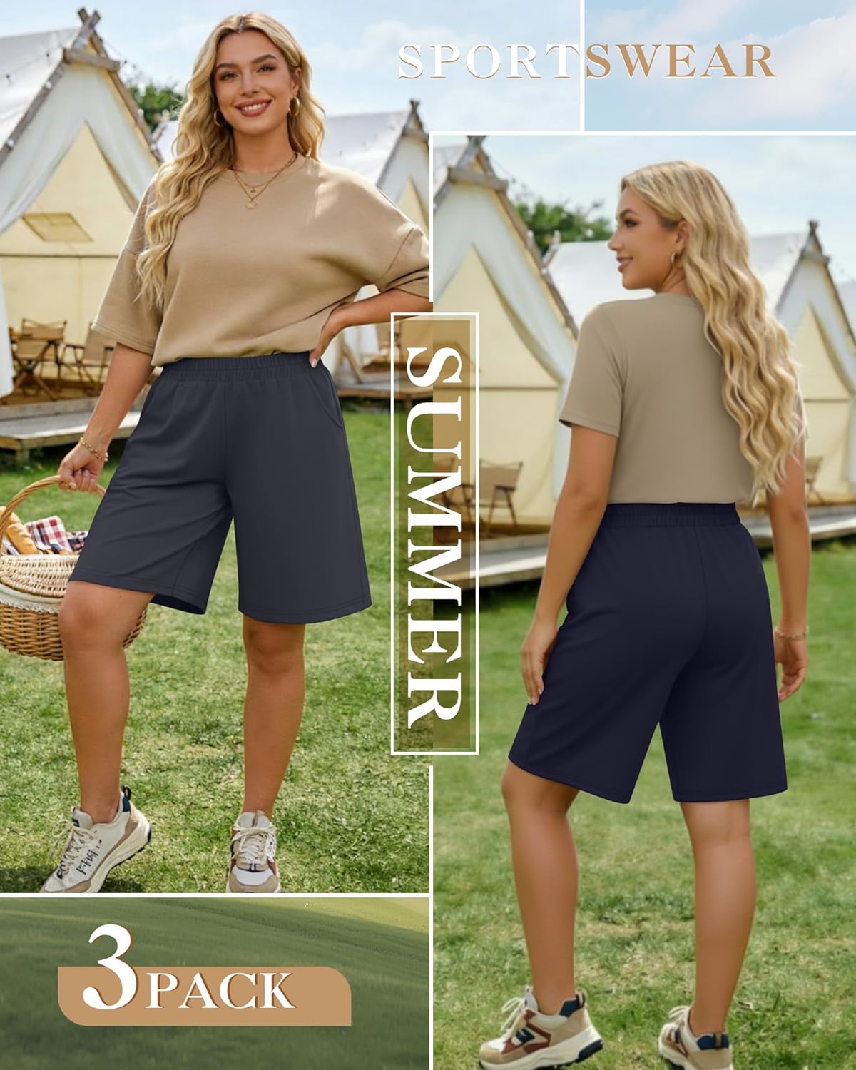 3 Pack Women Plus Size Bermuda Shorts Elastic High Waisted Casual Pants with Pockets Loose Summer Lightweight Shorts