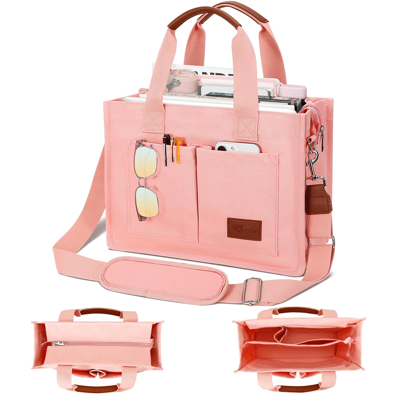 KKXIU Large Canvas Tote Bag for Women with Zipper and Compartments Crossbody Work Bible Messenger Purse Bag With Pockets