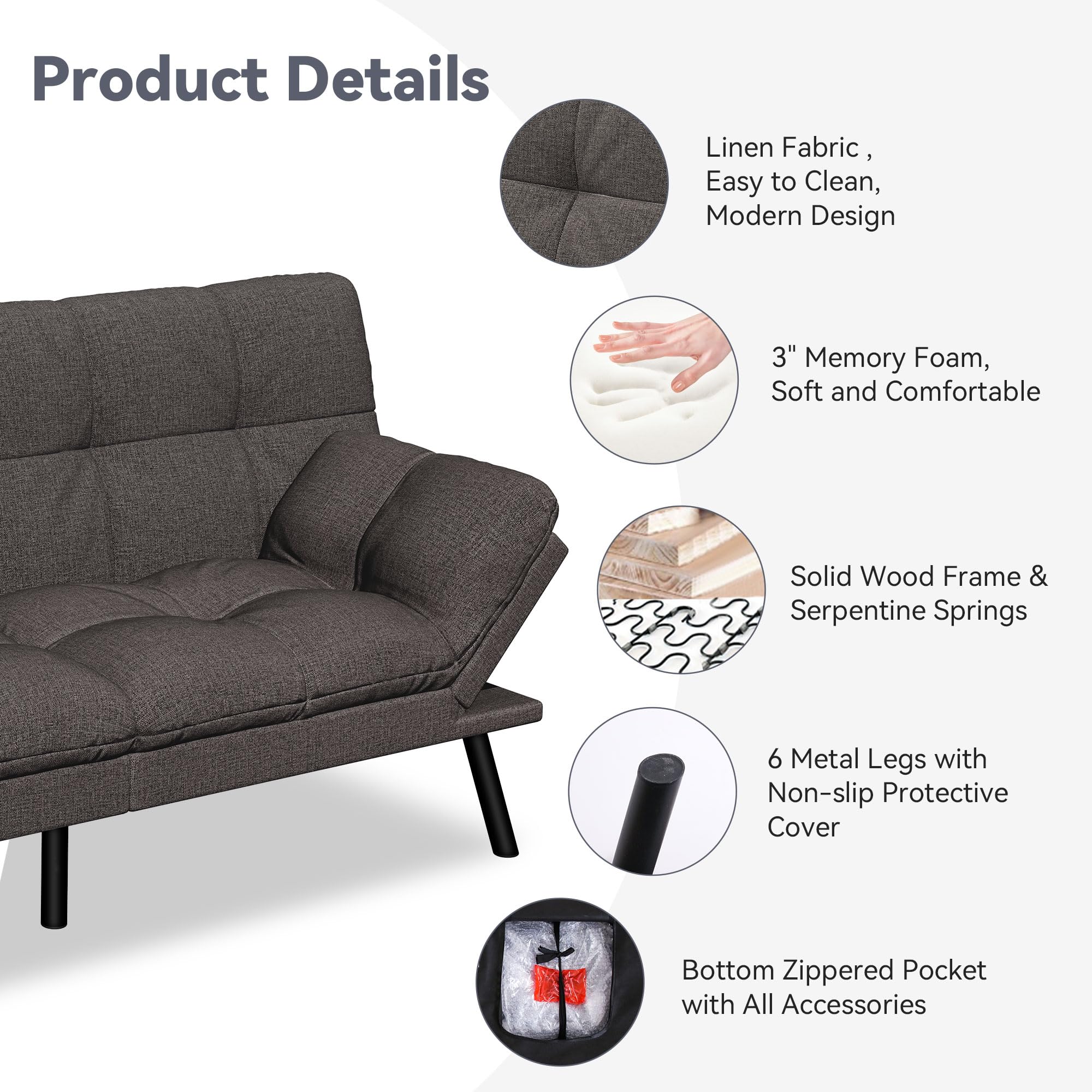 Convertible Futon Sofa Bed,Grey Linen Modern Futon Couch,Memory Foam Loveseat Sleeper Recliner,Detachable Cushion,Adjustable Backrest & Armrest,Couch for Living Room,Office,Apartment