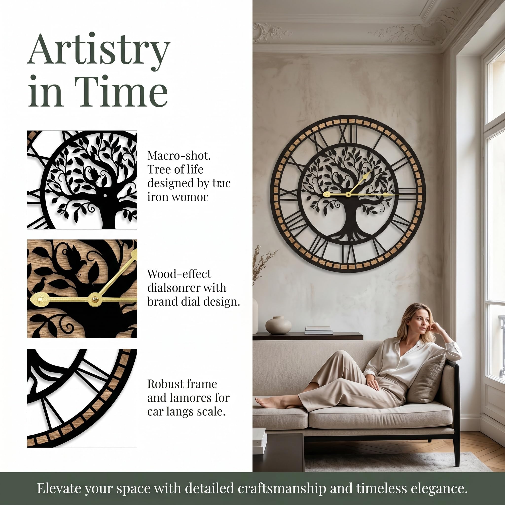 Reloj de Pared Grande con diseño de árbol de la Vida, Negro y Madera, números Romanos, Redondo, 40 cm, para Sala de Estar