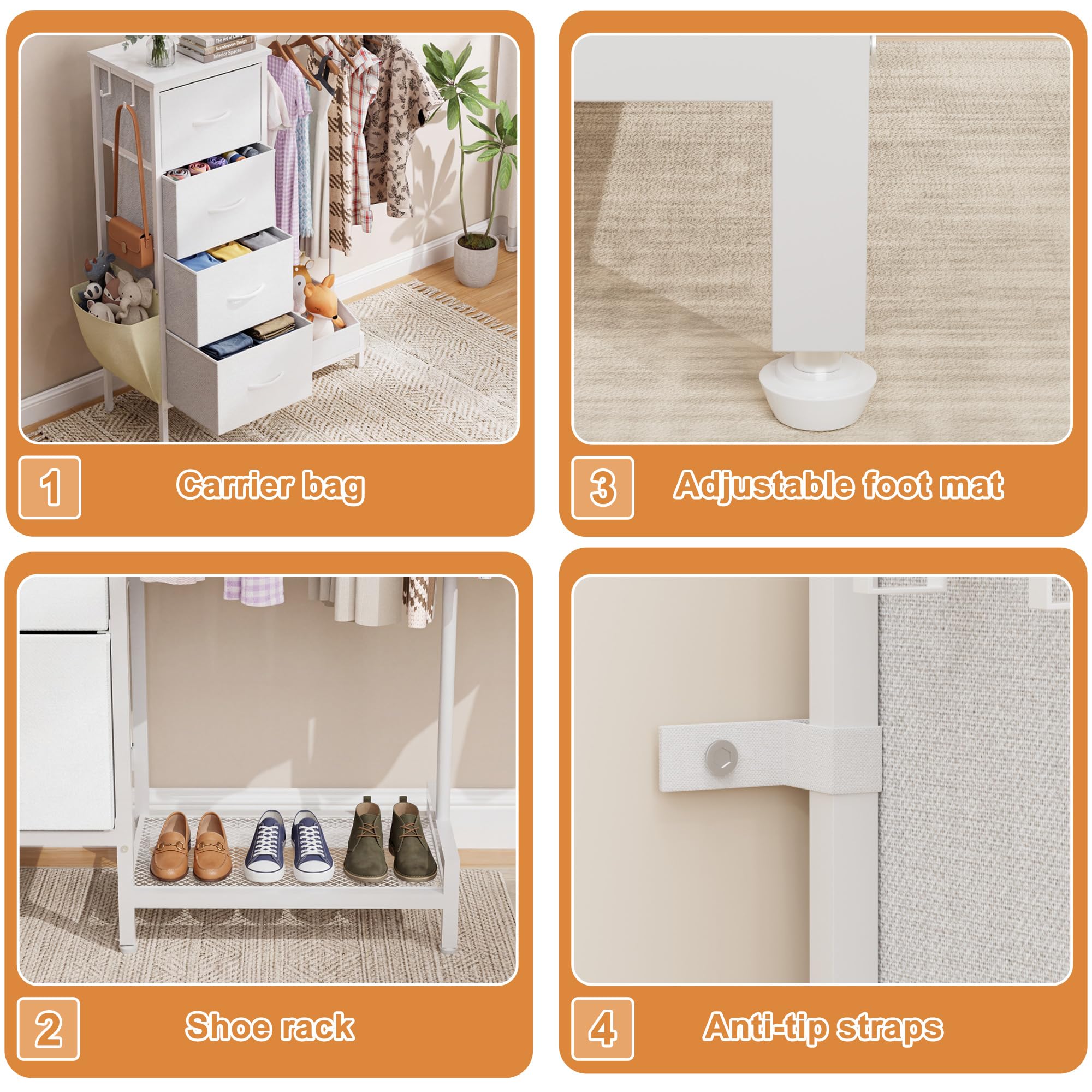 Kommode mit 4 Stoff Schubladen und Kleiderstange, 110cm Hoch Stabil Komodenschrank Schmaler Kleiderschrank für Schlafzimmer Flur Kinderzimmer, Platzsparender Wäscheschrank mit Schuhablage, Weiß