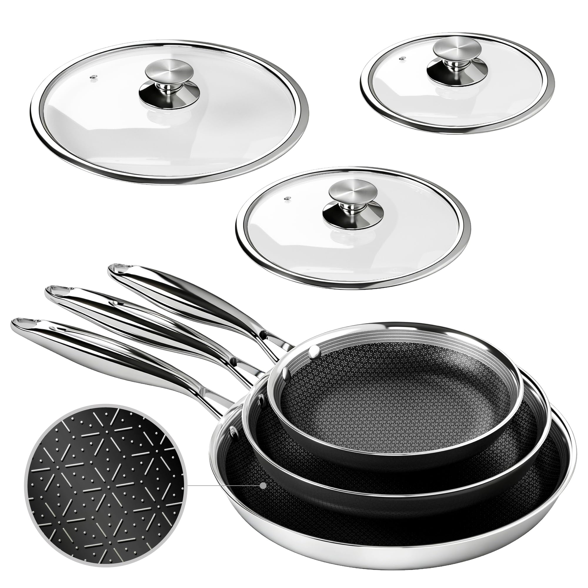 Kitchen Academy - Set di pentole antiaderenti con coperchio in vetro, a induzione, in acciaio inox, 6 pezzi, pentole e padelle da 20,26 e 30 cm, con rivestimento antiaderente con coperchio per tutti i - 1