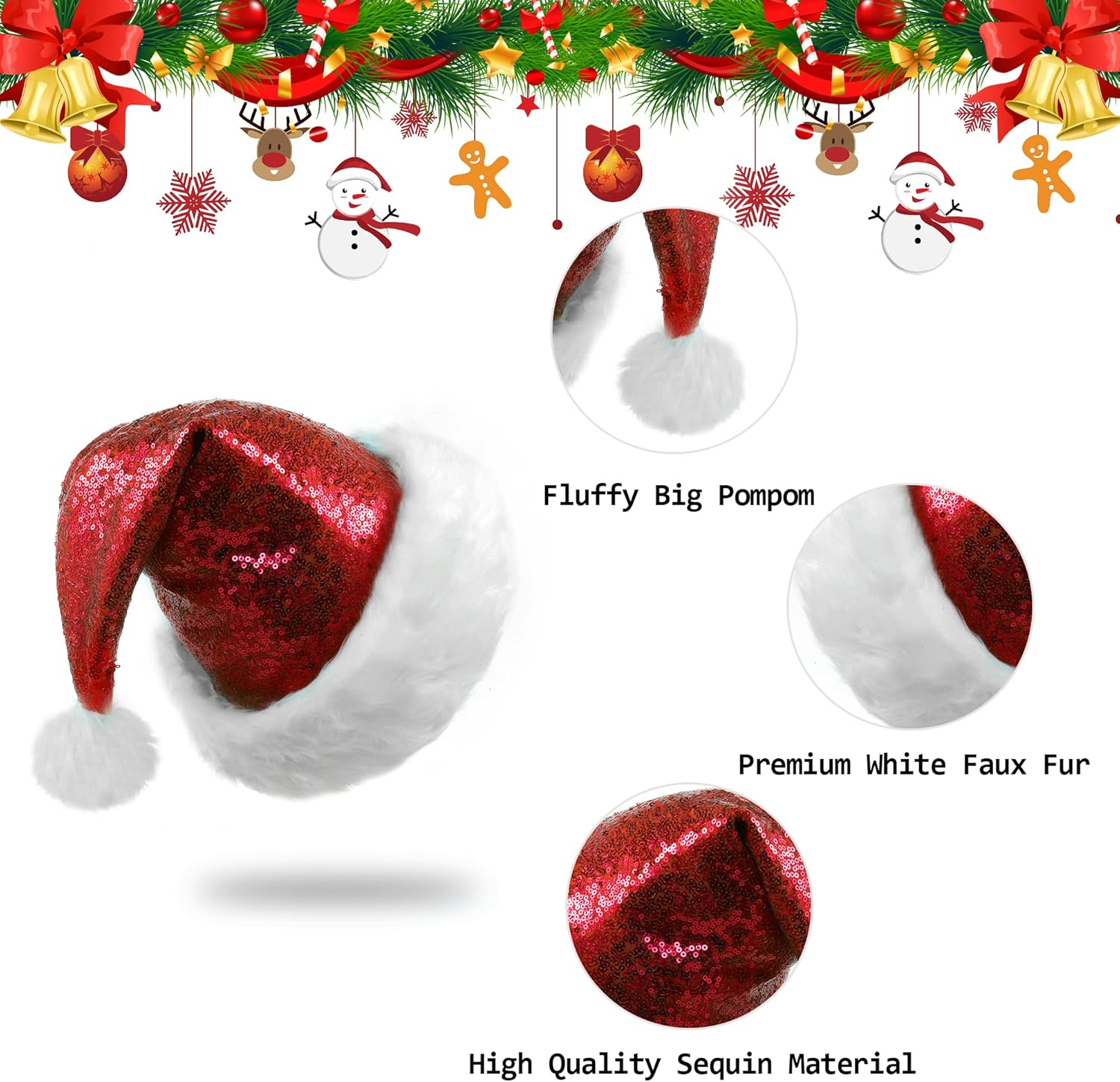 Santa Hats, Santa Hat for Adults, Unisex Sequin Christmas Hats for New Year Festive Party Christmas Supplies - Image 3
