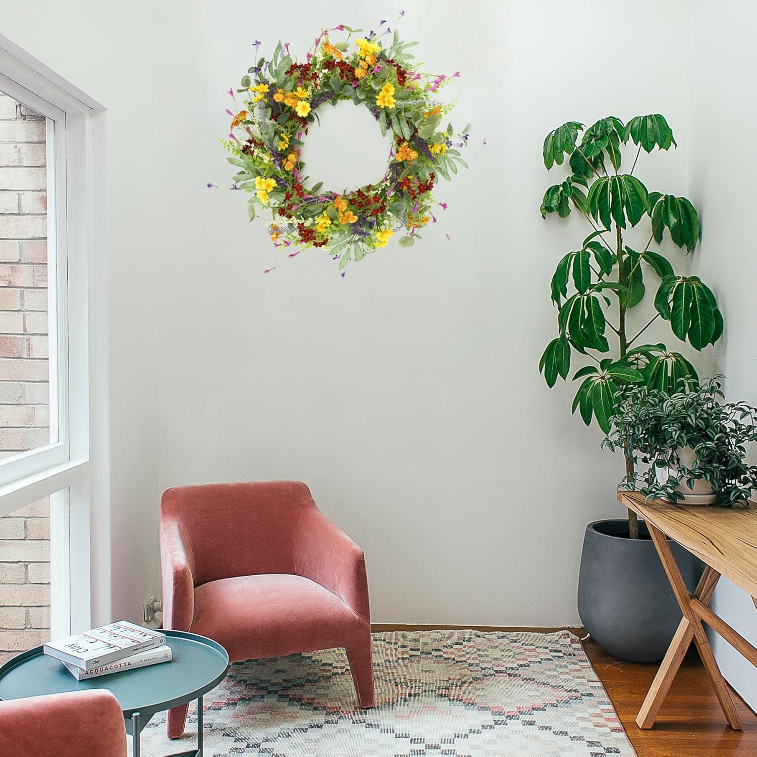 Artificial Spring Summer Wreath for Front Door Yellow Daisy Wreath with Olive Leaf,Eucalyptus Leaves for Front Door Indoor Outdoor Wall Porch Farmhouse Home Decor