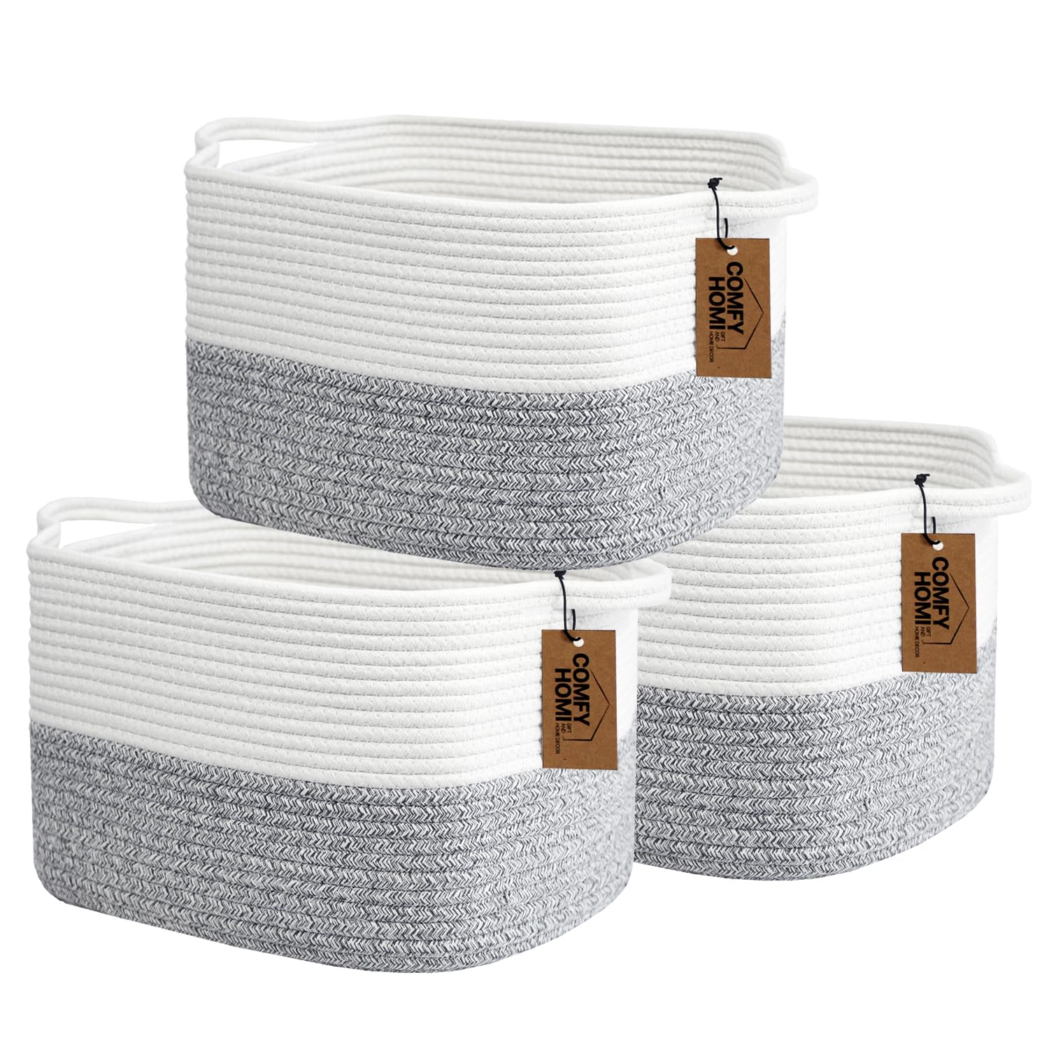 COMFY-HOMI 3Pack Small Woven Cotton Rope Basket for Organizing, Gift Baskets for Handles, Empty Gift Baskets, Medium Rope Basket|13.5" x 11" x 9.5" home decor for Living Room, Bathroom