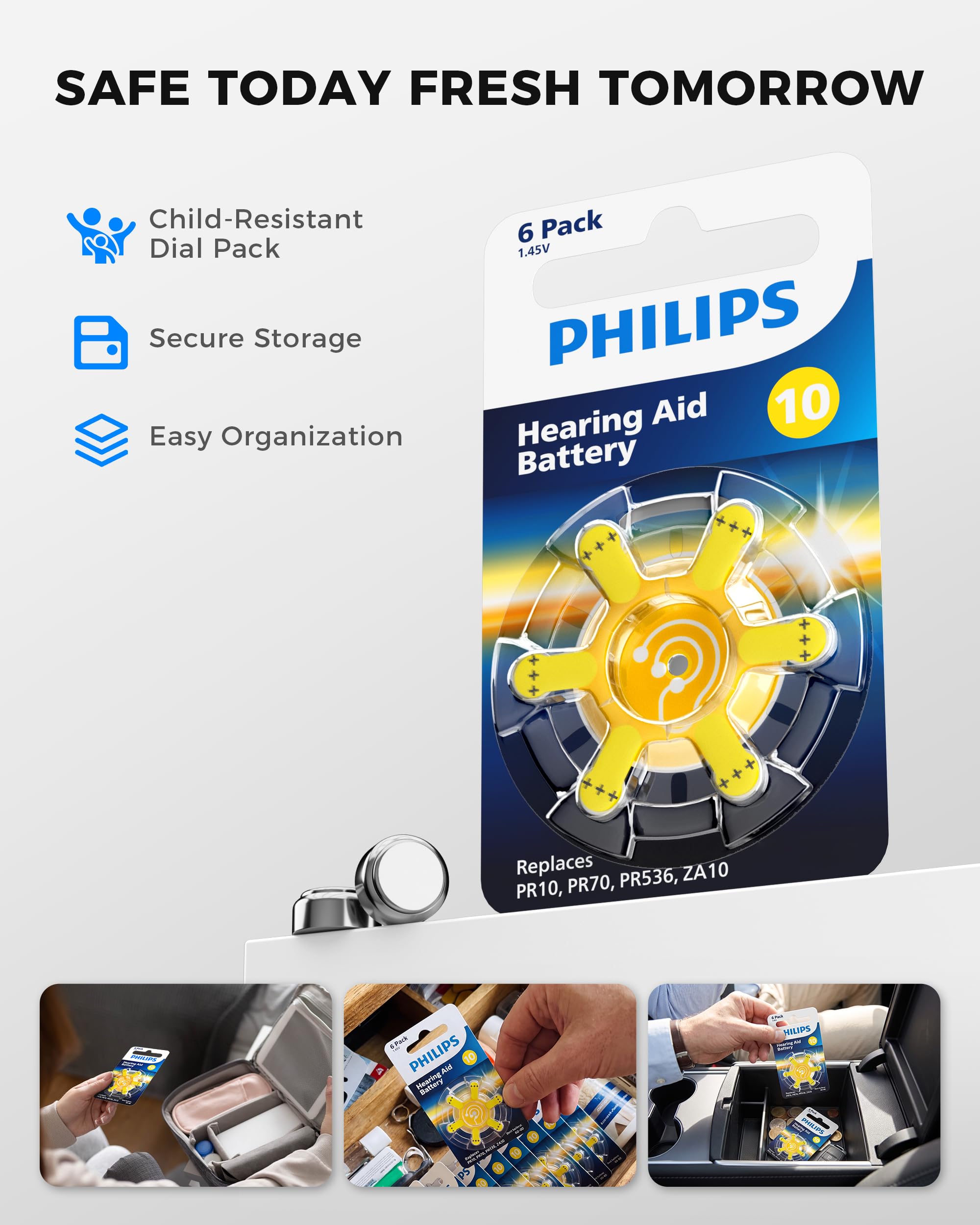 PHILIPS Paquete de 60 pilas para audífonos tamaño 10, zinc aire de 1,45 V, potencia de larga duración sin mercurio con pestaña fácil y embalaje resistente a los niños, naranja, para audífonos y