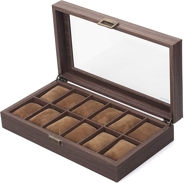 READAEER Watch Box 12-Slots with Real Glass Topped,Wood Grain PU Watch Display Storage Case,as a Gift for Lovers
