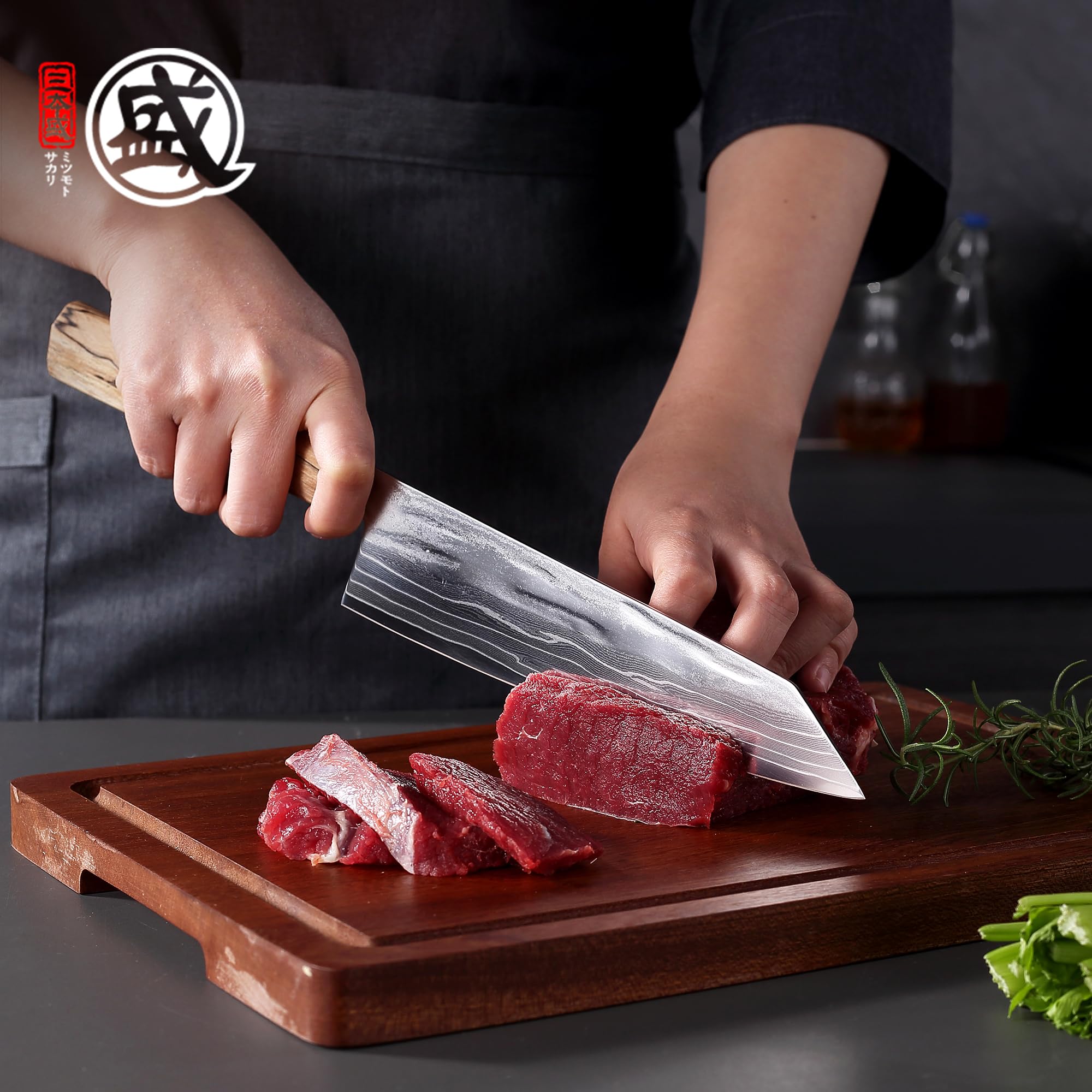MITSUMOTO SAKARI 20 cm Kiritsuke Coltello da Cucina, 129 Strati di Acciaio in Polvere CPM S35VN Damasco, Coltello da Cucina Giapponese Artigianale, con Impugnatura in Acero