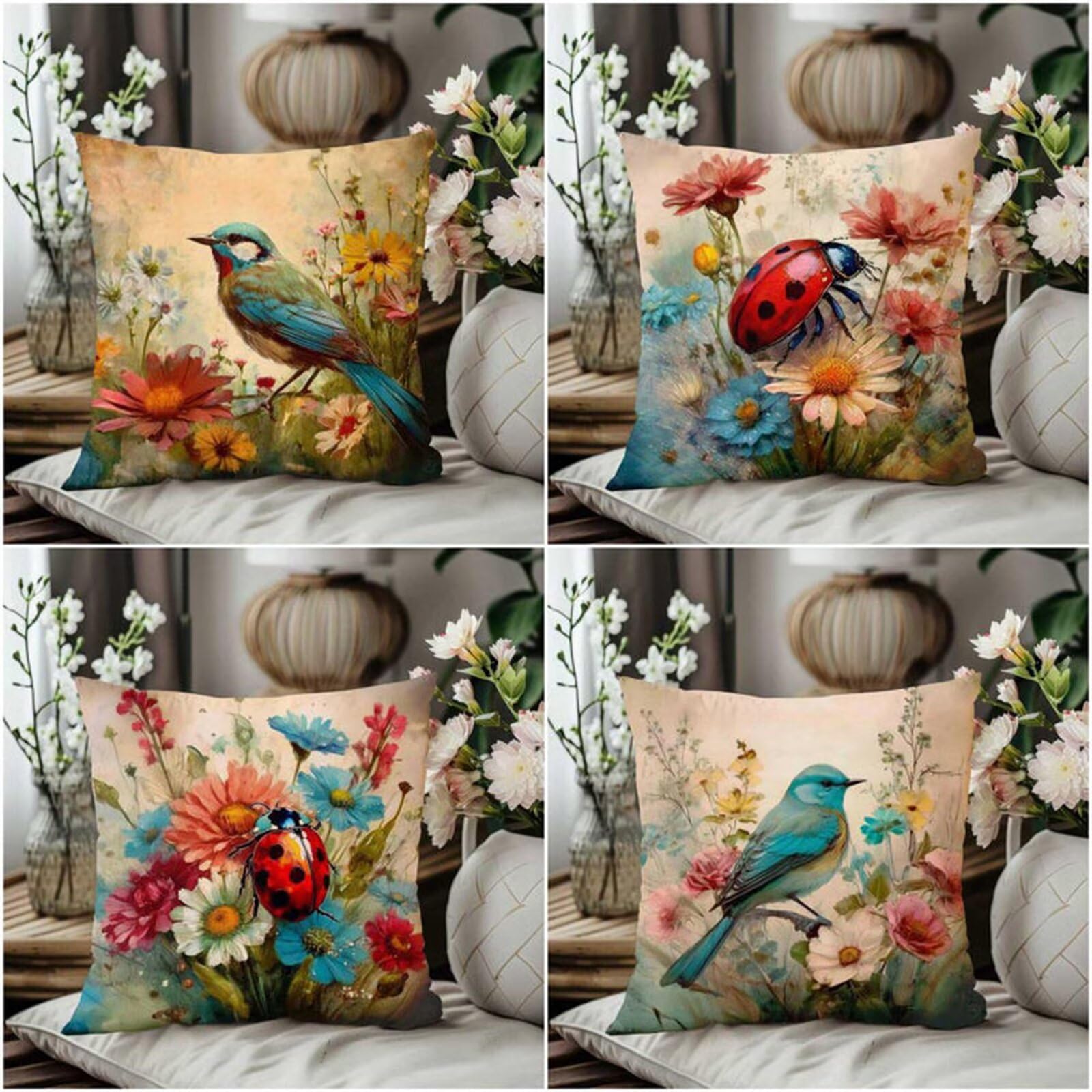 Heaen Outdoor Cushions Covers Waterproof 35x35 cm Set of 4 Square Linen Pillow Cases Flowers Birds Decorative Dushions for Sofa Porch Patio Home Decor