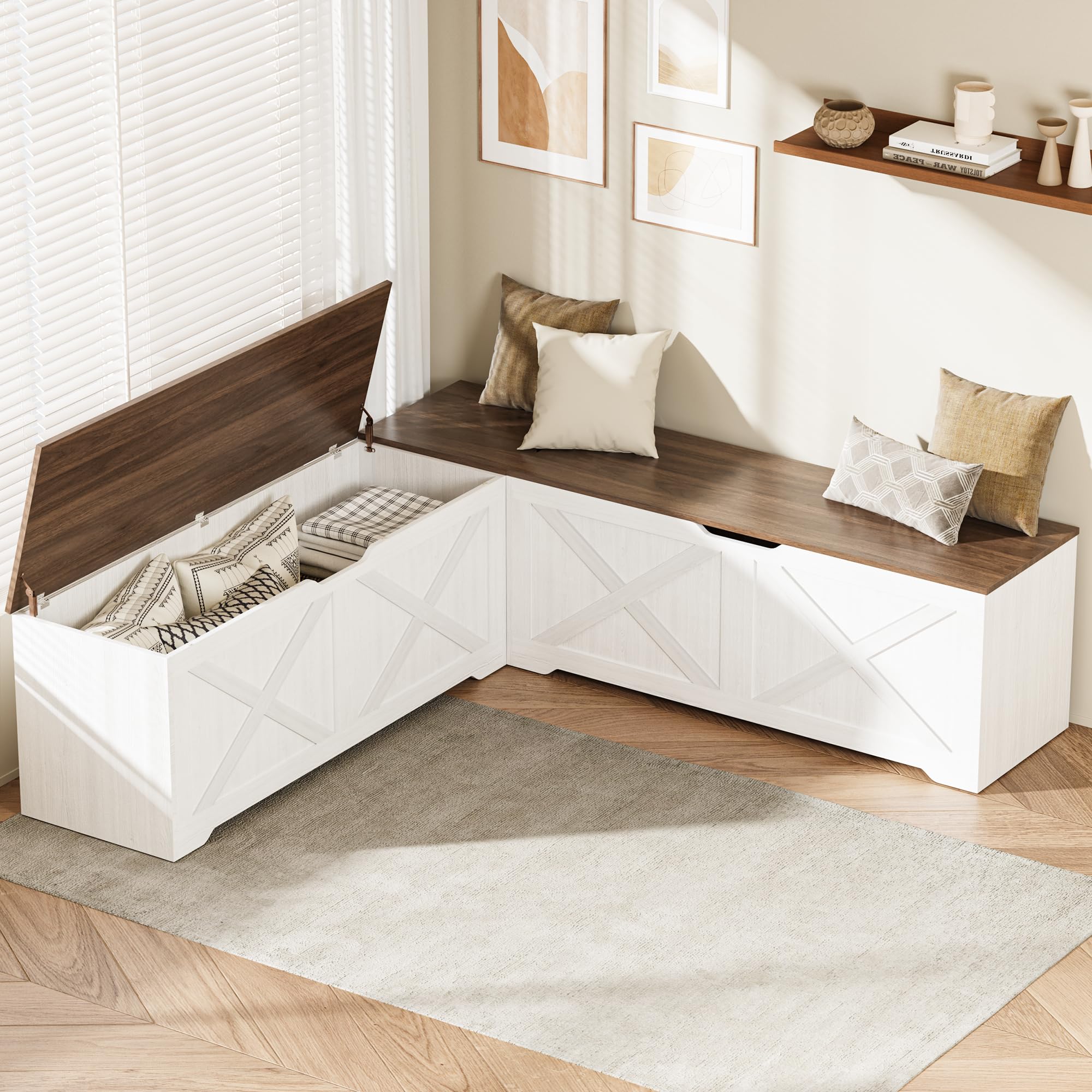 L Shaped Storage Bench, 63 Corner Bench with Storage, Breakfast Nook Bench with 3 Hidden Flip-Top Compartments