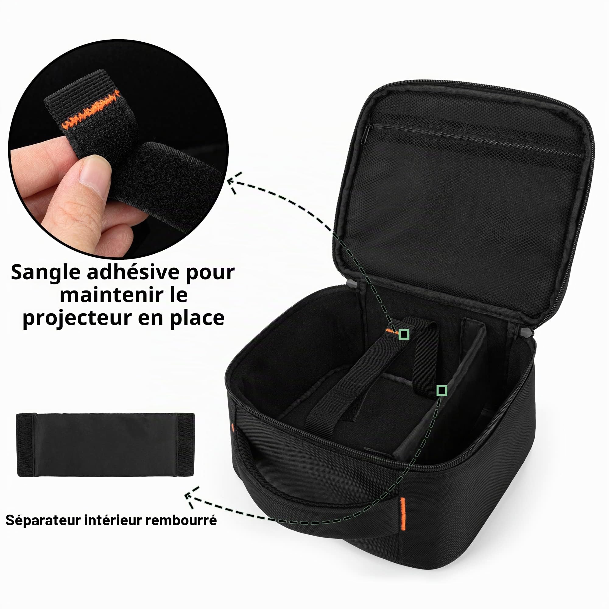CURMIO Sacoche pour Mini Vidéoprojecteur, Sac de Rangement Projecteur, Noir | Sangle de Fixation, Poche Accessoires, Poignée de Transport, pour Réunions d'Affaires/ Voyages/ Fêtes/ Événements, Sac Vide