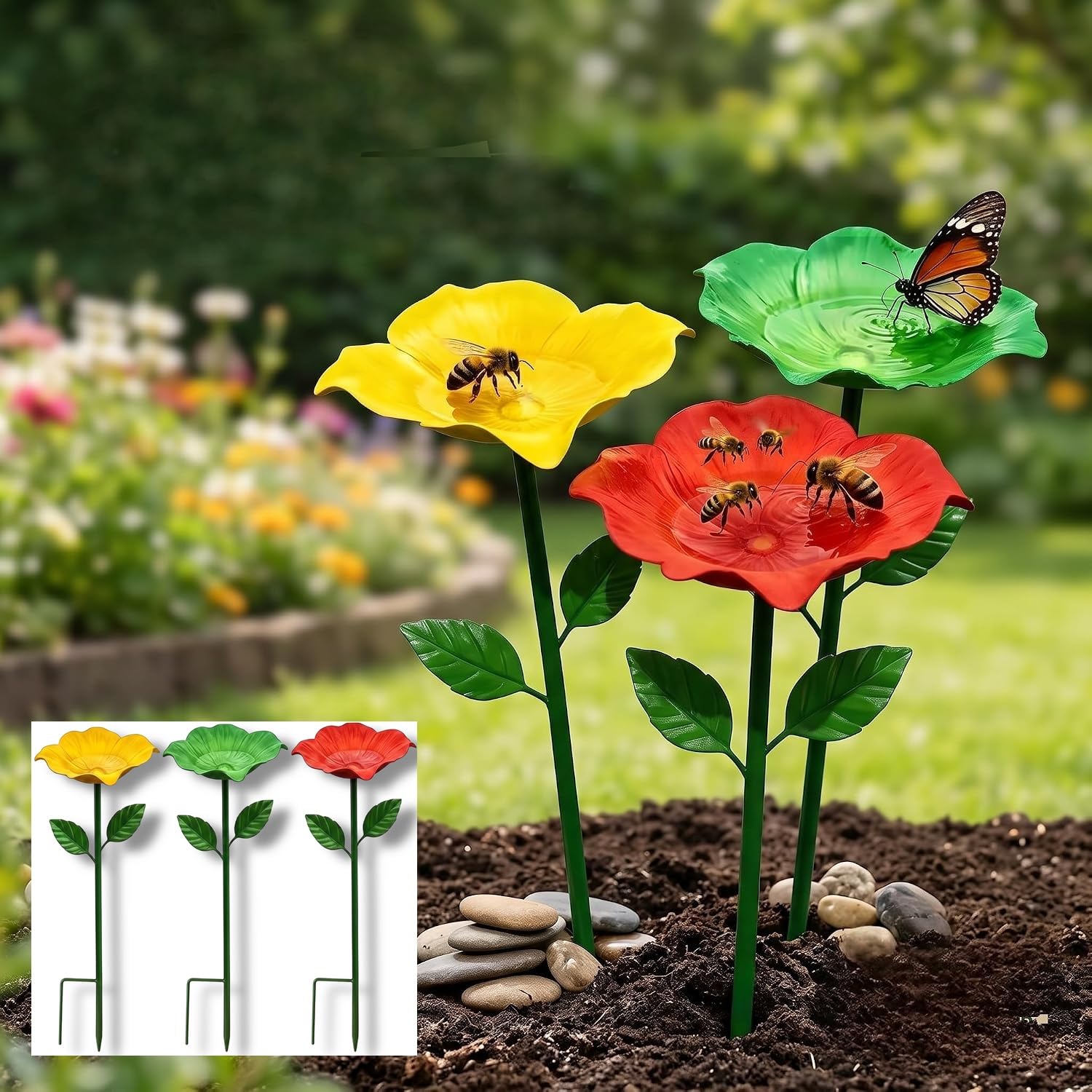 Abbeveratoio da giardino in metallo, set di 4 abbeveratoi per insetti, abbeveratoio per uccelli, fiori, dispenser d'acqua per api e farfalle, decorazione per esterni, cortile, decorazione da