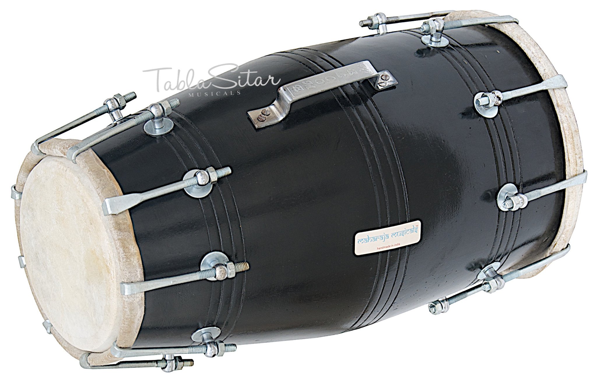MAHARAJA Black Dholak (Dholki), drewno mango, przykręcane, z torbą, klucz do strojenia (PDI-FJ)