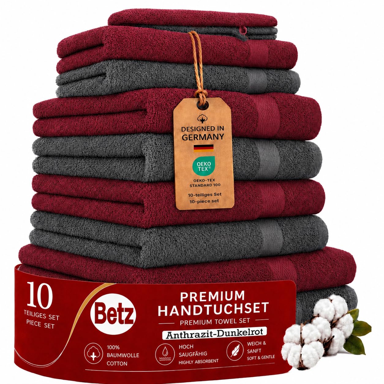 Betz 10-teiliges Premium Handtuchset - 100% Baumwolle Frottee - Saugstark & Hautsympathisch - 2X Duschtücher - 4X Handtücher - 2X Gästetücher - 2X Waschhandschuhe - Farbe Dunkelrot & Anthrazit