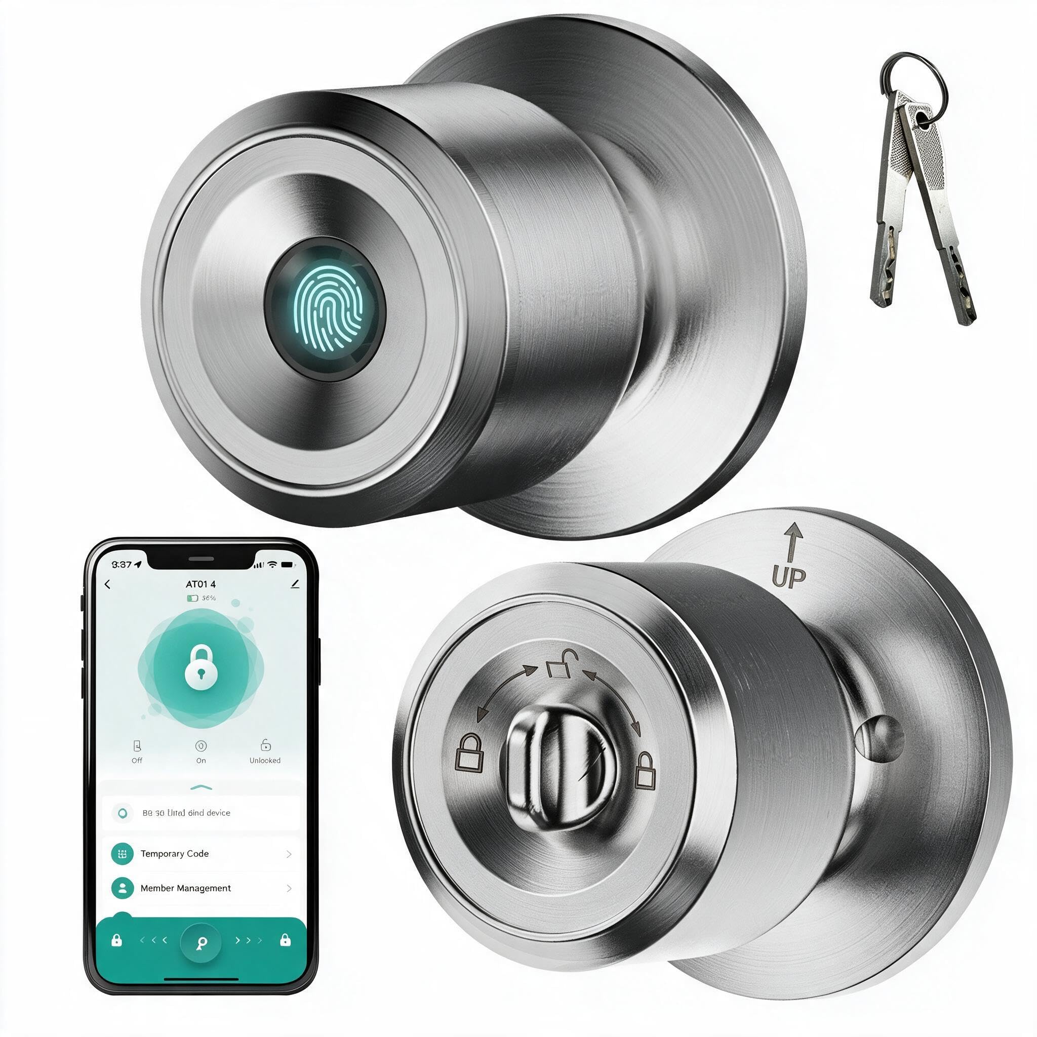 Easy install,Comes with Backup Key, Auto-Lock, Works for Bedroom, Garage, Office, Pantry Door, Interior Door Lock Fingerprint Door Knob, Rechargeable Keyless Smart Lock