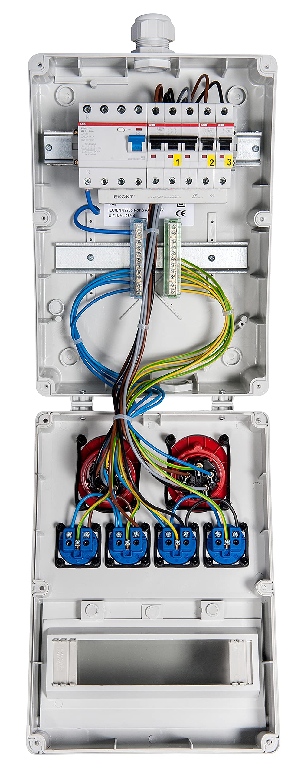 Wandverteiler - verdrahtet"WÜRZBURG" mit FI-Schalter Steckdose 230 V~ 4, CEE 16 A, 400 V~ 2, CEE 32 A, 400 V~ ohne, LS 16 A, 1-polig, C 2, LS 16 A, 3-polig, C 1, LS 32 A, 3-polig, C ohne