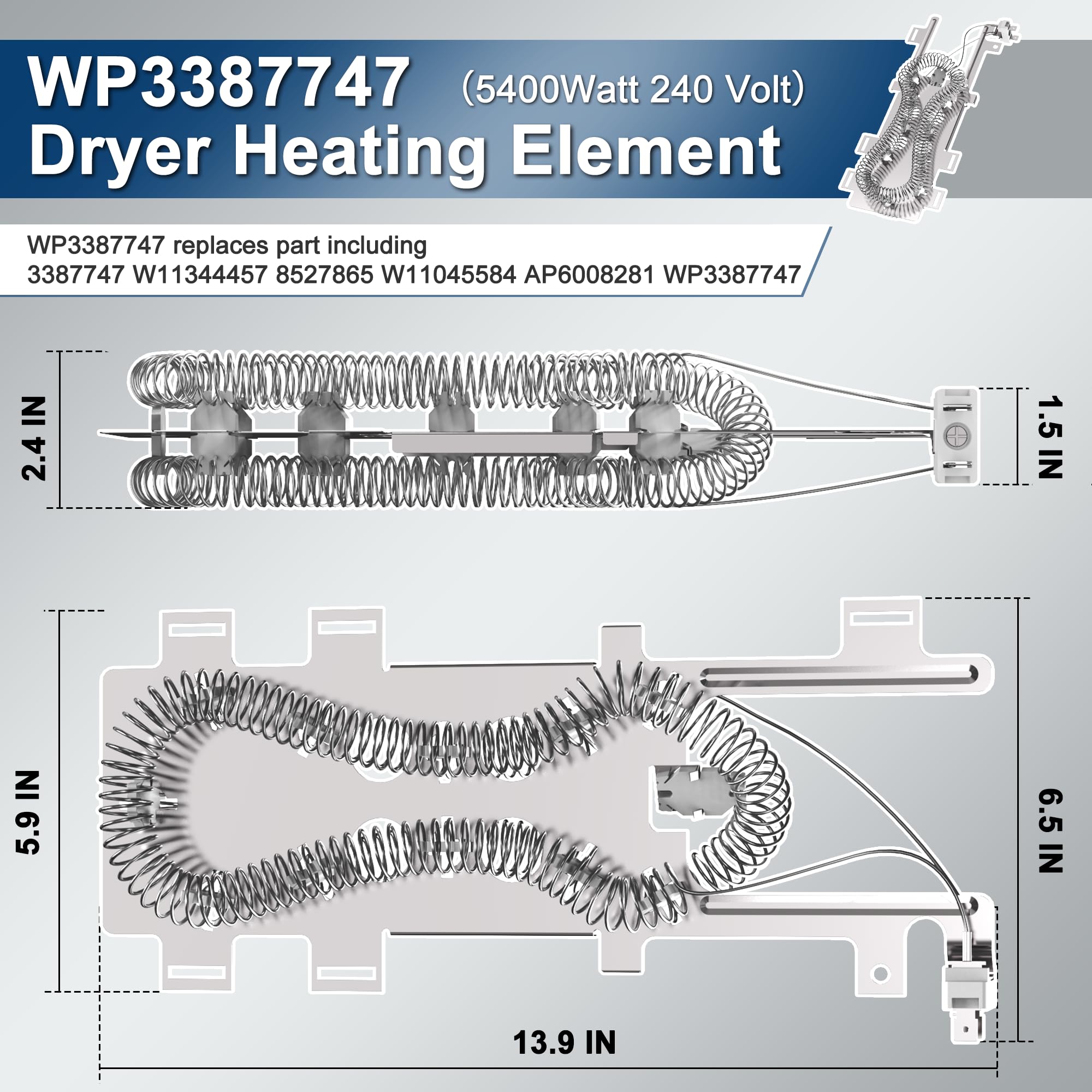 8544771 Elemento calefactor de secador reemplaza Maytag Whirlpool WP8544771 PS11746337 W10836011 WP8544771VP 1180054 AP6013115 (5400 Watt 240 Volt), con 2 PCS 3392519 279816 279973 Kit de fusibles