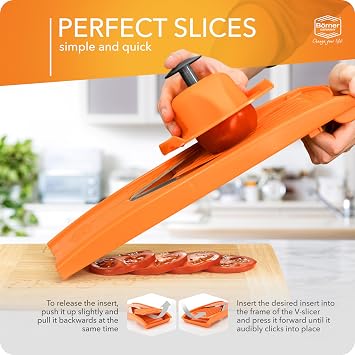Borner Mandoline Slicer V1 (Basis Set) V-Slicer with 2 Inserts & Fruit Holder Adjustable Kitchen Slicer for Vegetables & Fruits Vegetable Cutter 3 Thickness Settings Color: Orange