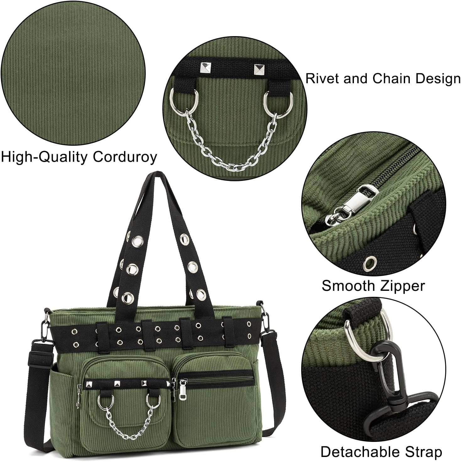 Tote Bag for Women, Corduroy Gothic Purse Goth Bag with Zipper for College, Work, Travel, Gym