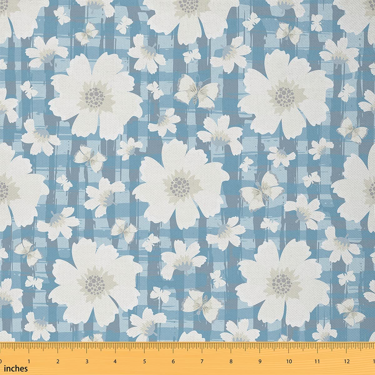 Flowers Fabric by The Yard Blue Stripes Grid Fabric for Girls Women Adults Japanese Farmhouse Style Decorative Fabric for Upholstery and Home DIY Projects, 3 Yards, White Blue