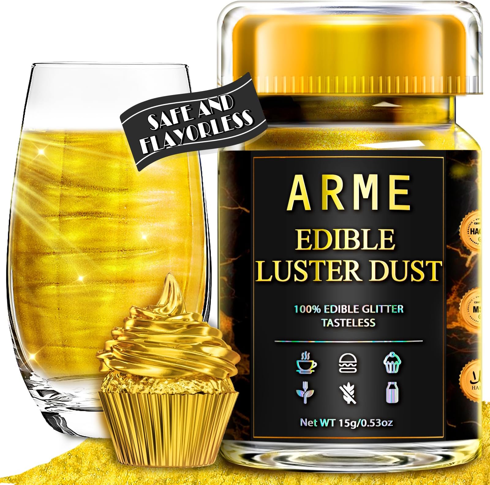 Arme Edible Glitter Gold,100% Food Grade Edible Gold Dust, Luster Dust Drink Glitter for Cocktails, Drink Glitter Edible Dust, Biscuits, chocolates, cakes, Vegan/No Taste(0.53oz/15g,Super Gold)