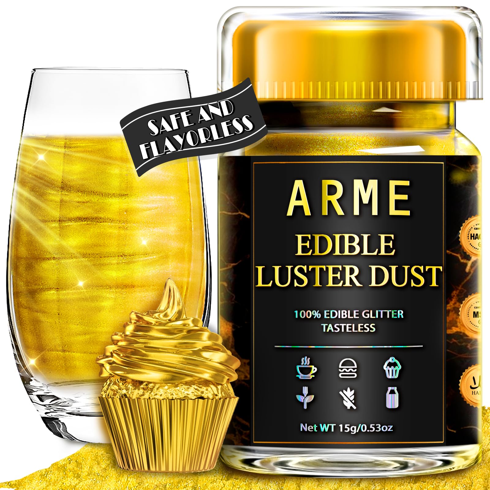 Arme Edible Glitter Gold,100% Food Grade Edible Gold Dust, Luster Dust Drink Glitter for Cocktails, Drink Glitter Edible Dust, Biscuits, chocolates, cakes, Vegan/No Taste(0.53oz/15g,Super Gold)