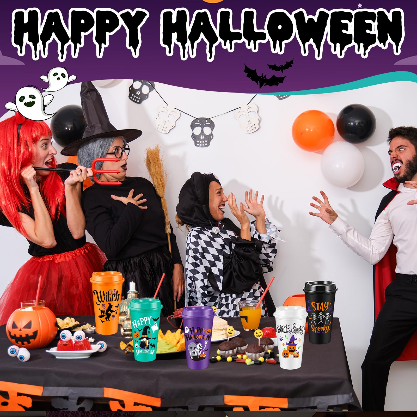 Chuangdi Halloween-Becher aus Kunststoff mit Deckel, wiederverwendbare Kunststoffbecher, gruselige Becher, Großpackung für Kinder und Erwachsene, Halloween, Party, Geburtstag, 30 Stück