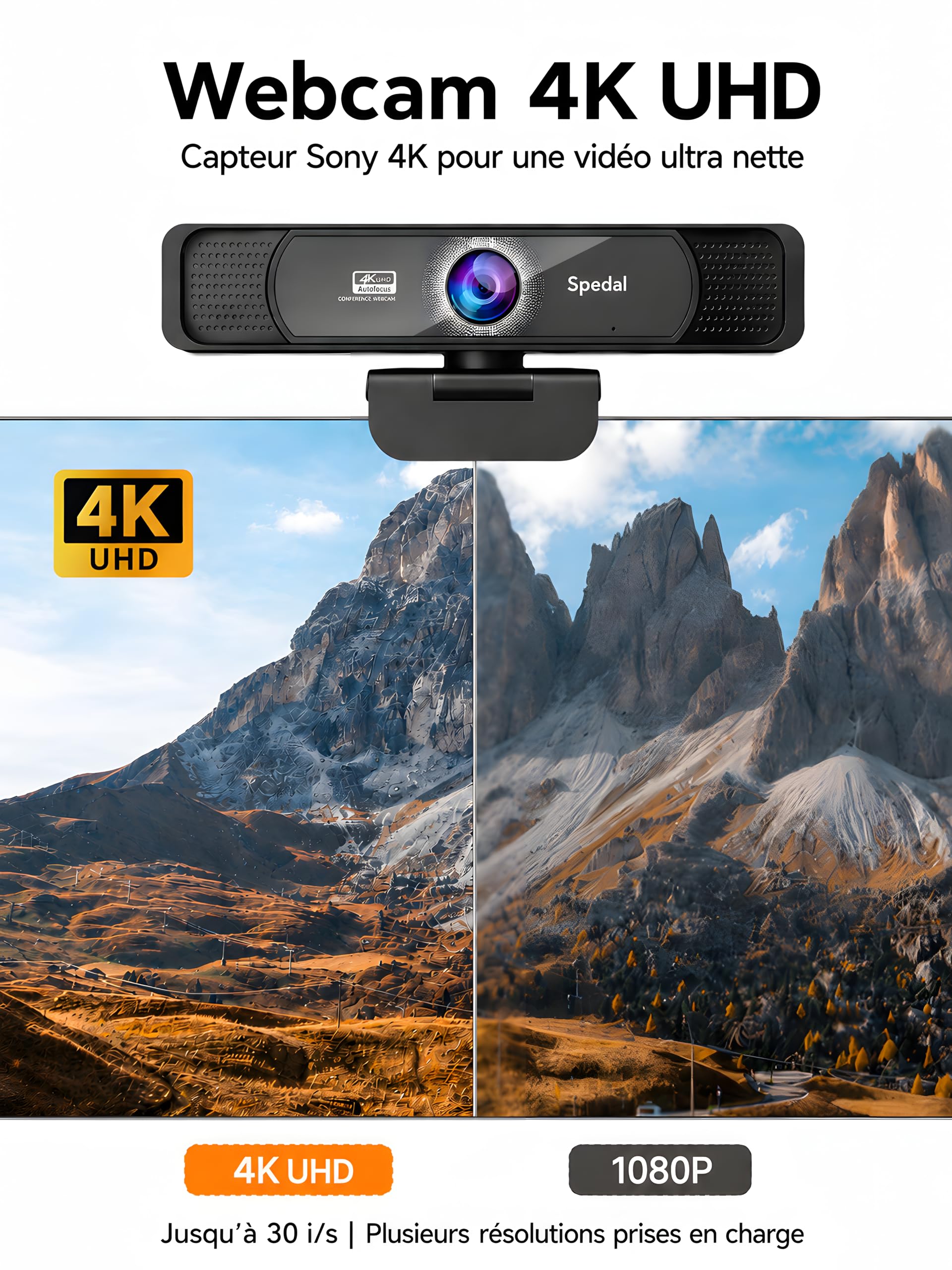 Spedal Webcam 4K Ultra HD 8 MP avec Zoom numérique 4× Grand Angle 120° Microphones à réduction de Bruit télécommande trépied Plug & Play USB-A/C pour Streaming