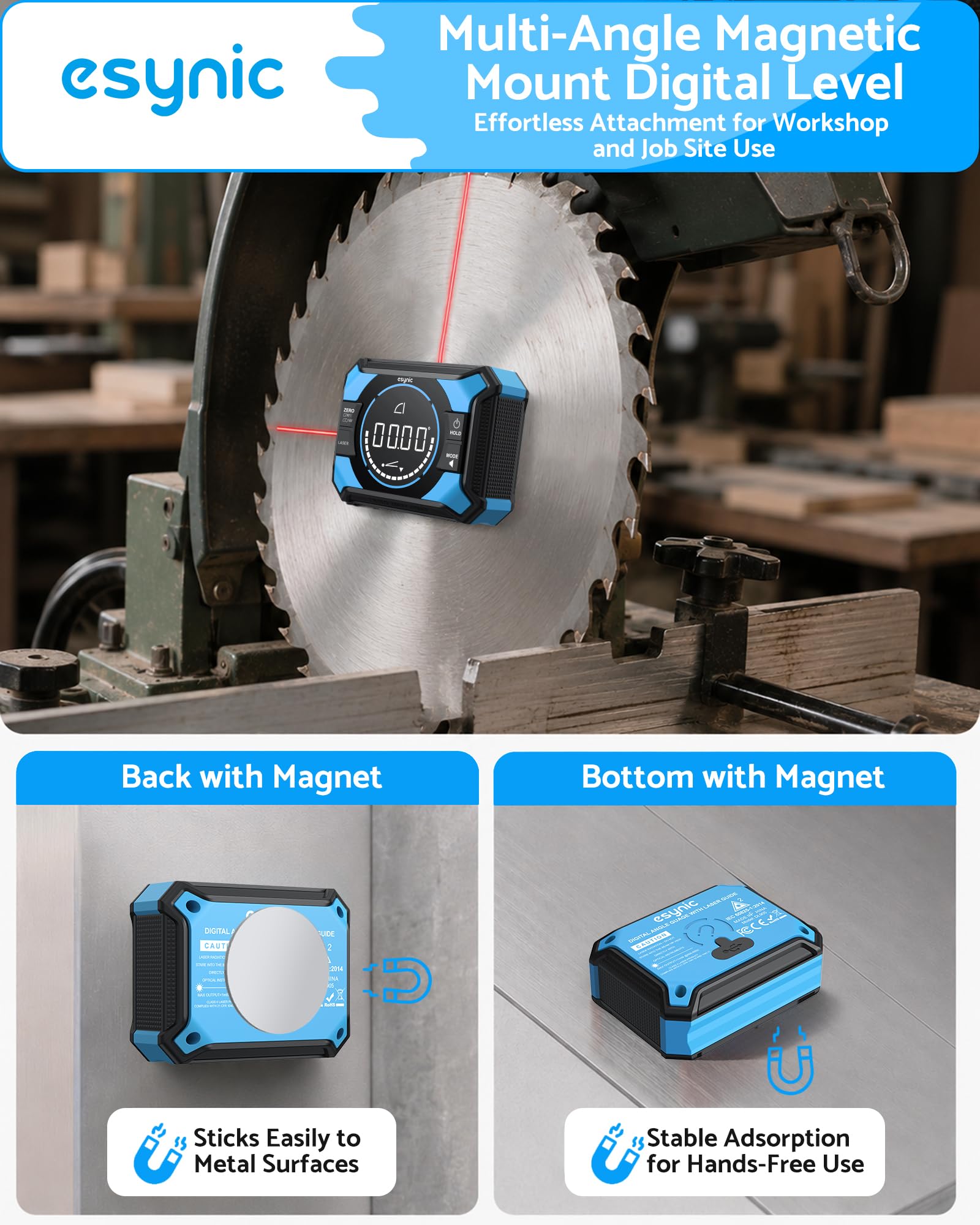 eSynic Inclinómetro Digital 3 en 1 con Láser, Transportador de Ángulos Magnético Recargable por USB-C, Precisión ±0.1°, Pantalla LED, 4×90°/2×180°, para Cuadros, Azulejos y Carpintería