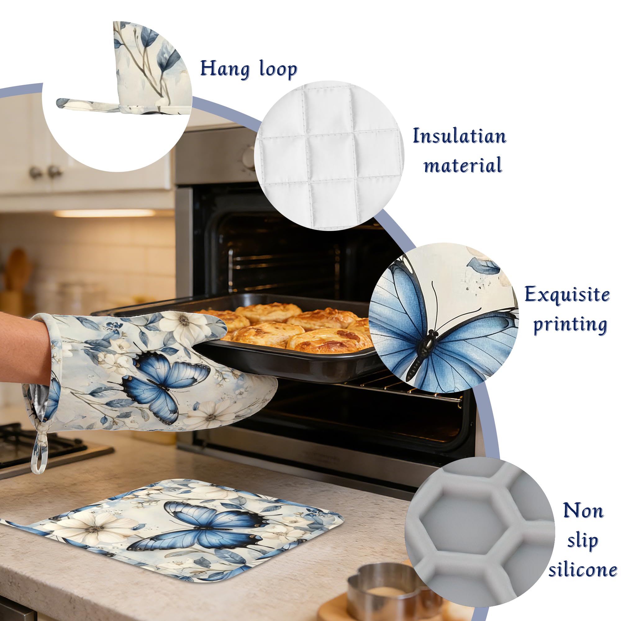 Ofenhandschuhe und Topflappen-Set, blau, Schmetterling, Silikon, Küchenhandschuhe, Topflappen, Frühlingsblumen, hitzebeständig, 4 Ofenhandschuhe, heiße Pads zum Backen, Kochen, Grillen, Heimdekoration