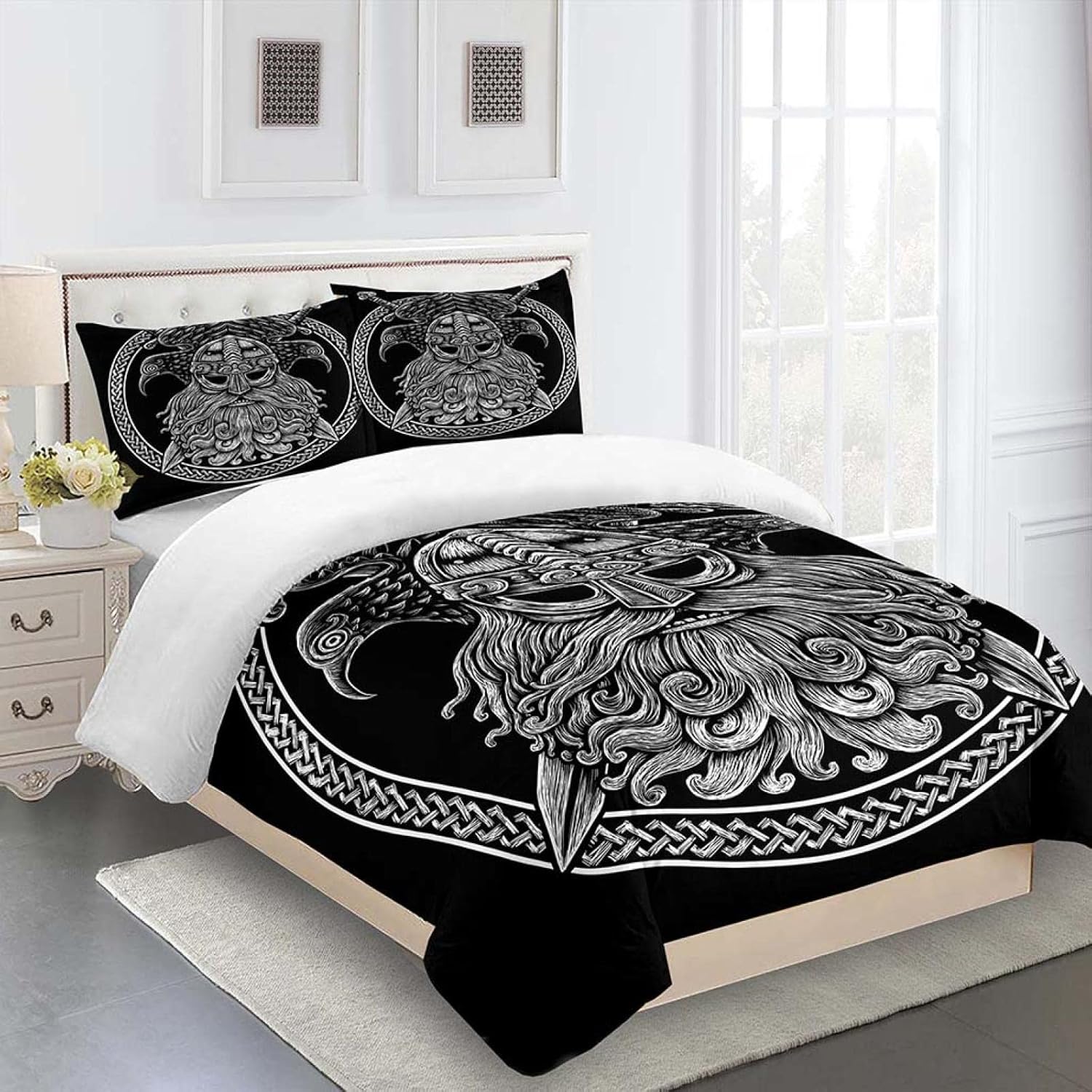 TAIZRONG Funda nórdica infantil de 4 piezas negro cabeza de toro líneas patrones 240x280cm Cremallera de microfibra Suave y cómodo Cuidado fácil 1 funda nórdica + 1 sábana + 2 fundas de almohada Adecu