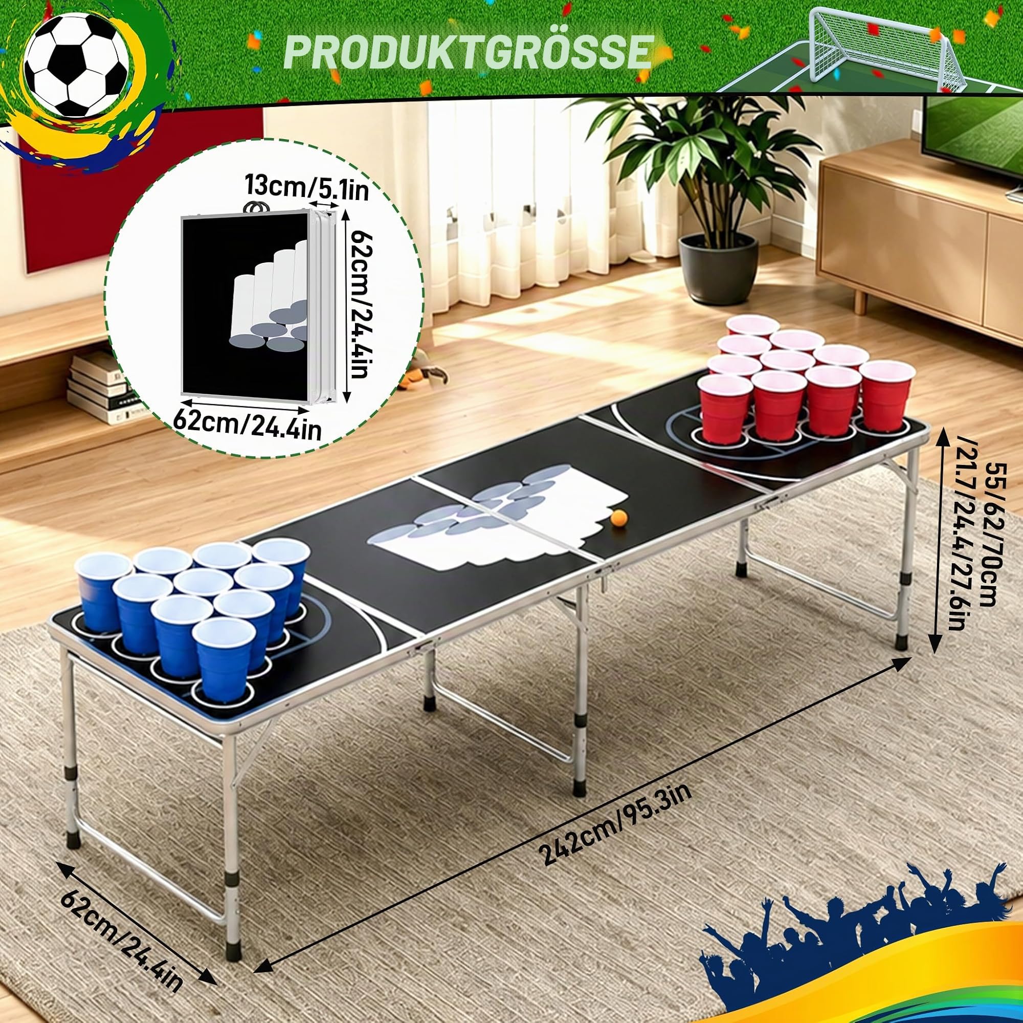 LARS360 Klappbarer Party Spieltisch Fußball-Party Gartentisch | mit 50 Rot & 50 Blau Becher & 5 Bälle, Höhenverstellbar, Stabil & tragbar, Fanabend Geeignet, Für Team- & Gartenspiele
