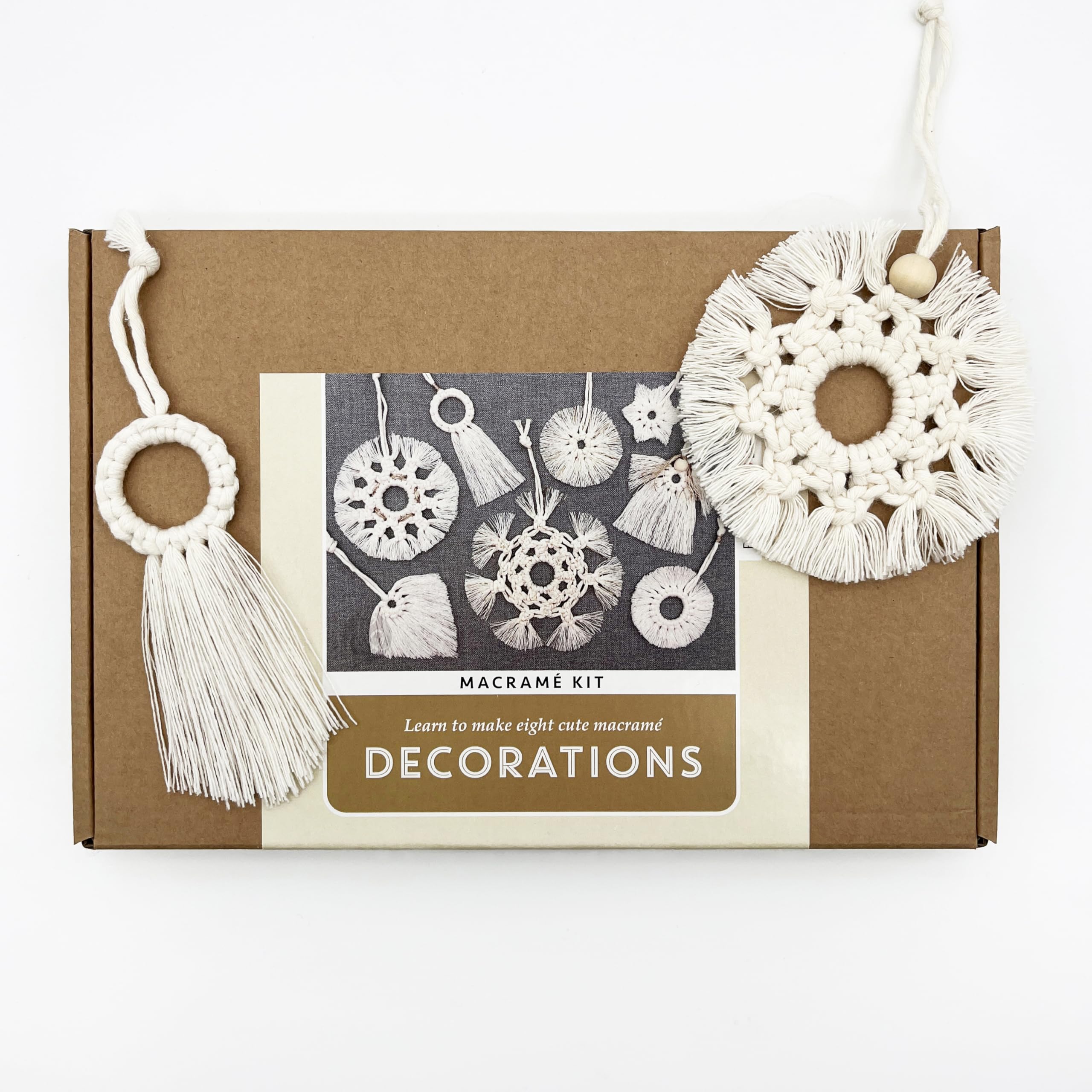 Bergin & Bath Macramé kit - Christmas Decorations. Learn How to Make a Set of Eight Snowflake and Angel Ornaments with This Craft kit for Adults and Teens. A Stocking Filler idea.