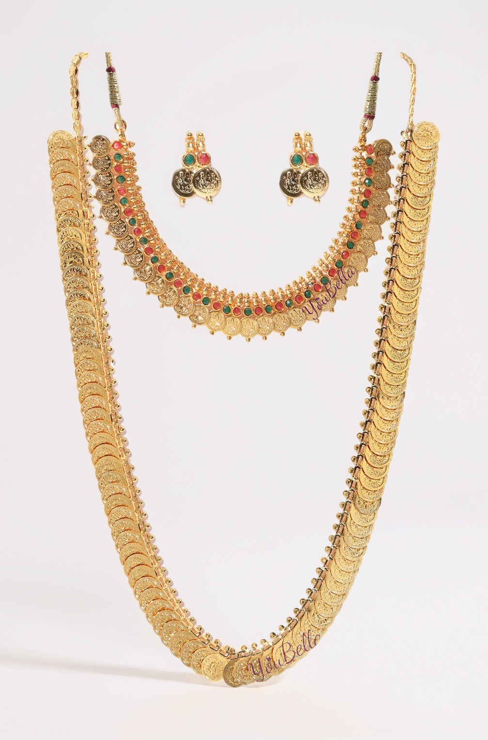 Jewellery set for women Gold Plated Long Traditional Coin Necklace set and Red Green Choker necklace Jewellery Set with Earrings for Girls and Women