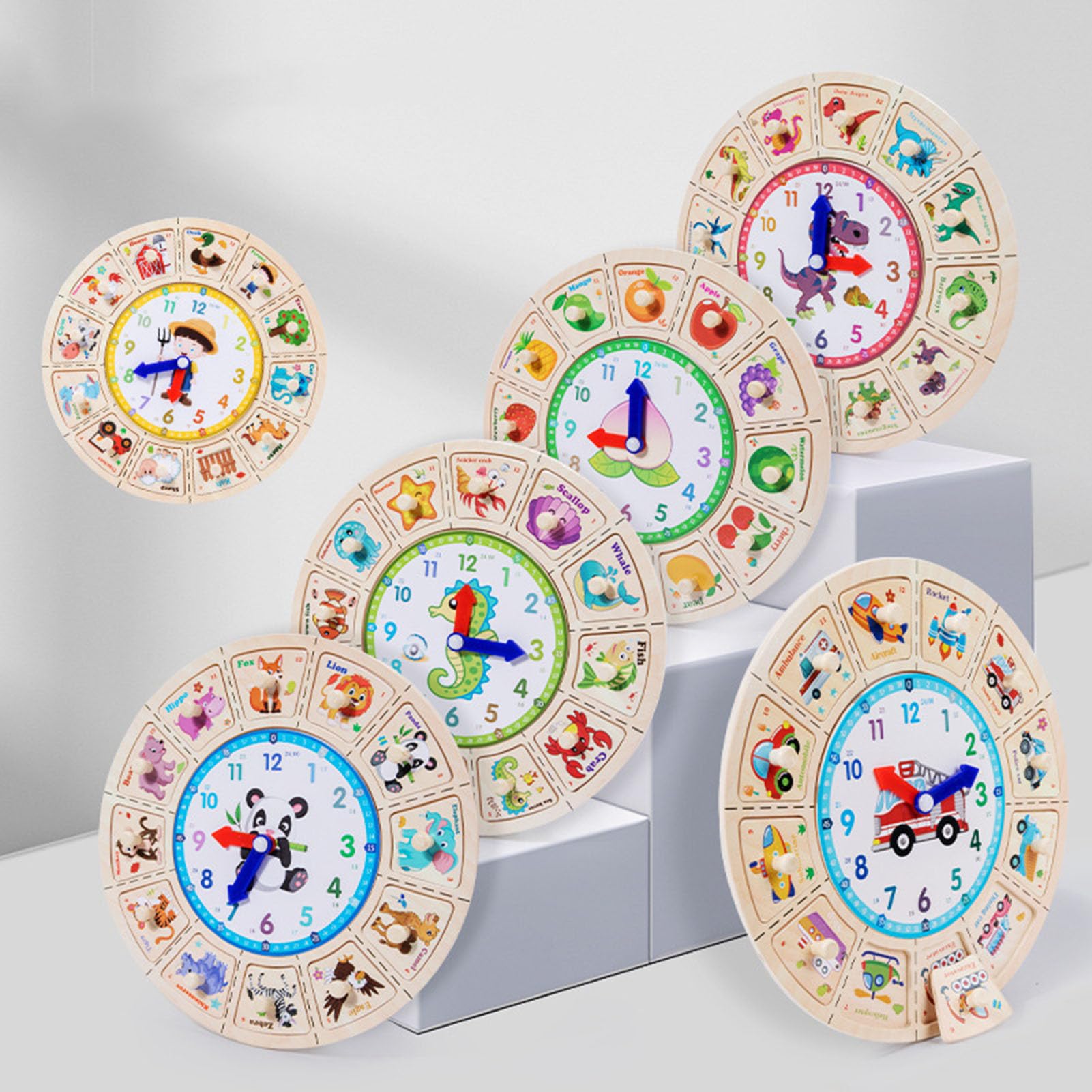 Montessori Holz-Uhr Puzzle-Spielzeug, Frühe Bildungs-Zeiterkennungs-Spielzeug,8 piece Set