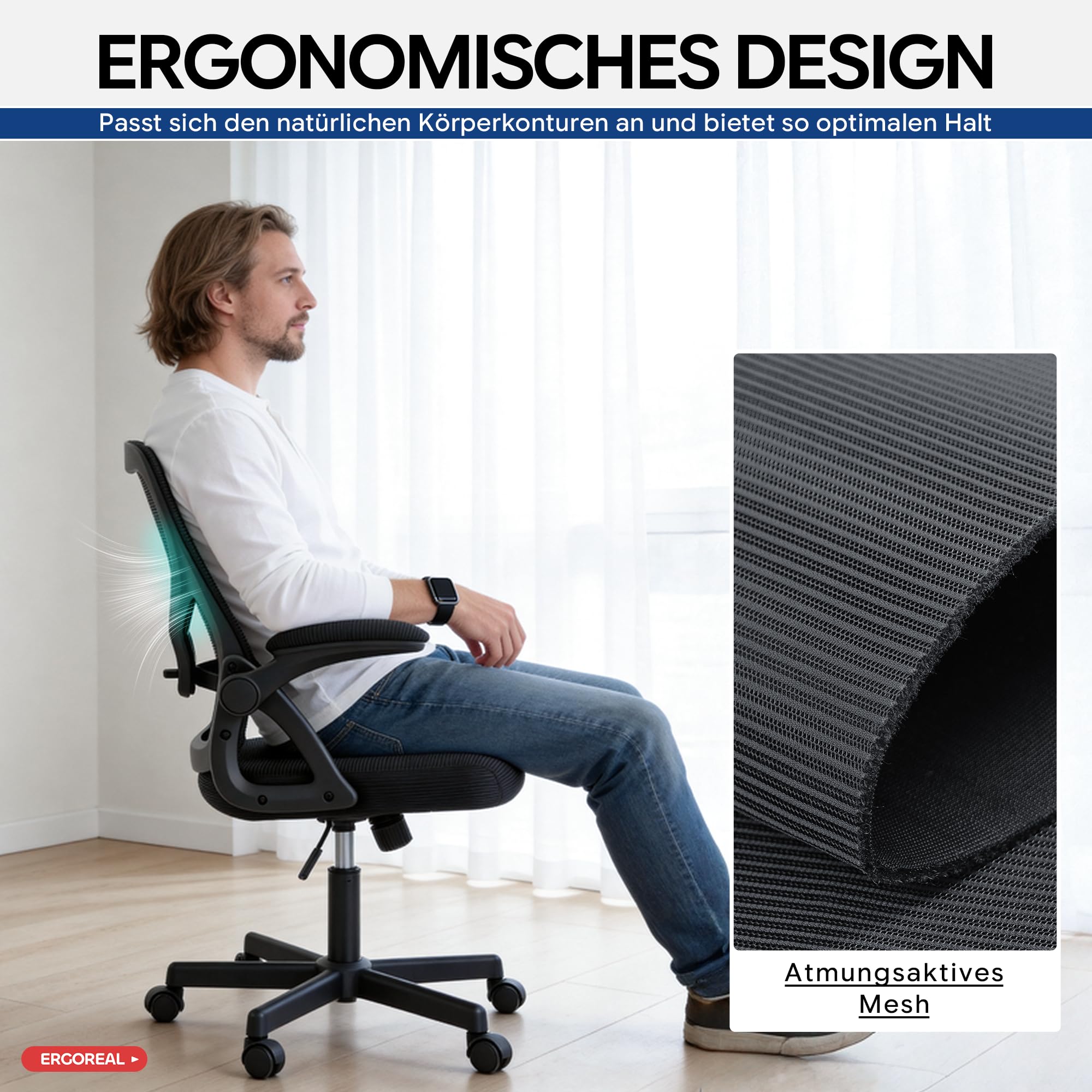 Bürostuhl ergonomisch – Schreibtischstuhl Netz, Lendenstütze 150kg | Klappbare Armlehnen, verstellbare Lendenstütze, 90-110° Rückenlehne, höhenverstellbar, leise Rollen, Homeoffice & Büro