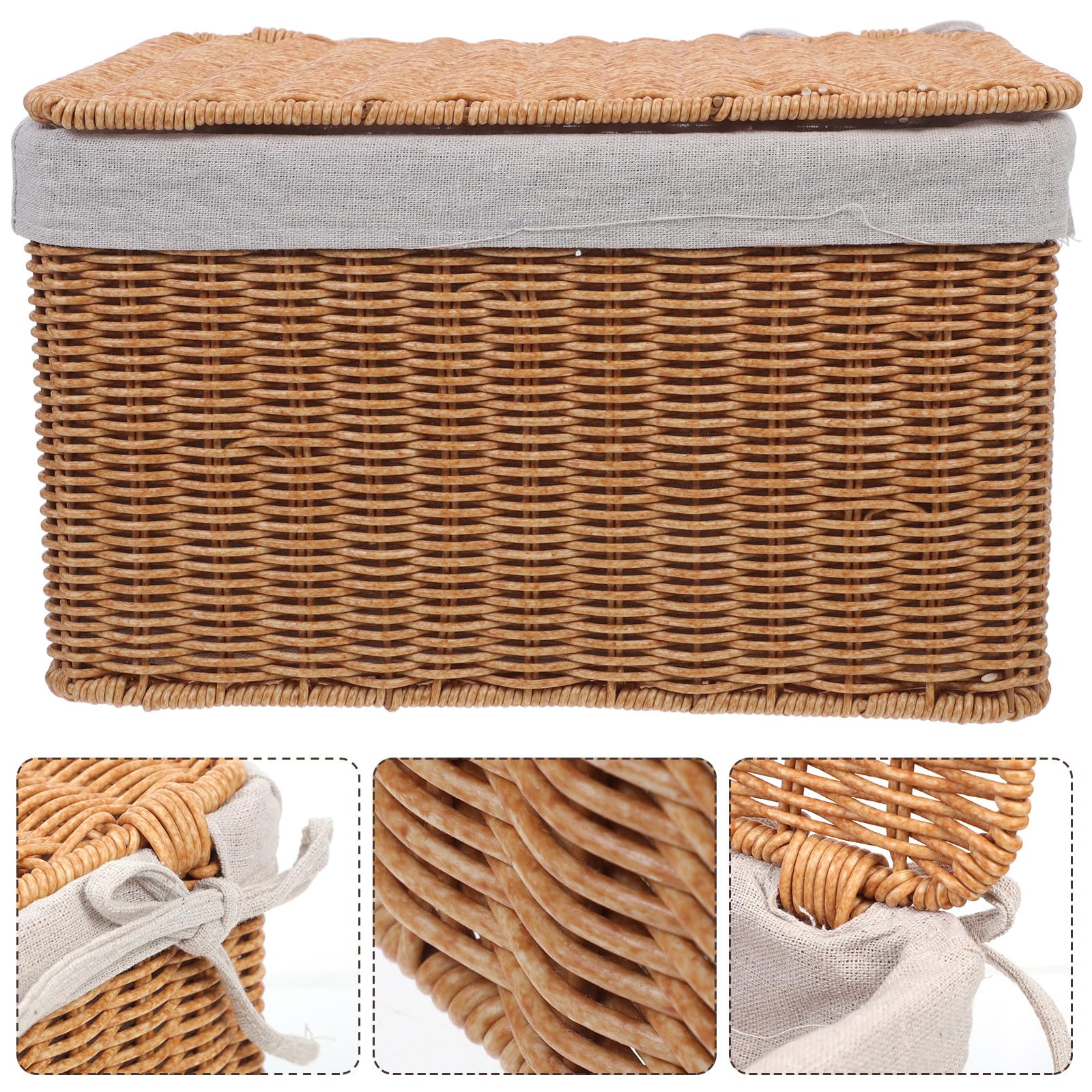 Cesta Grande de Mimbre con Tapa y Forro, Cesta de Almacenamiento Rectangular con Asas Dobles para Ropa, Libros y Organización en Hogar, Cocina y Baño (36x26x21 Cm)