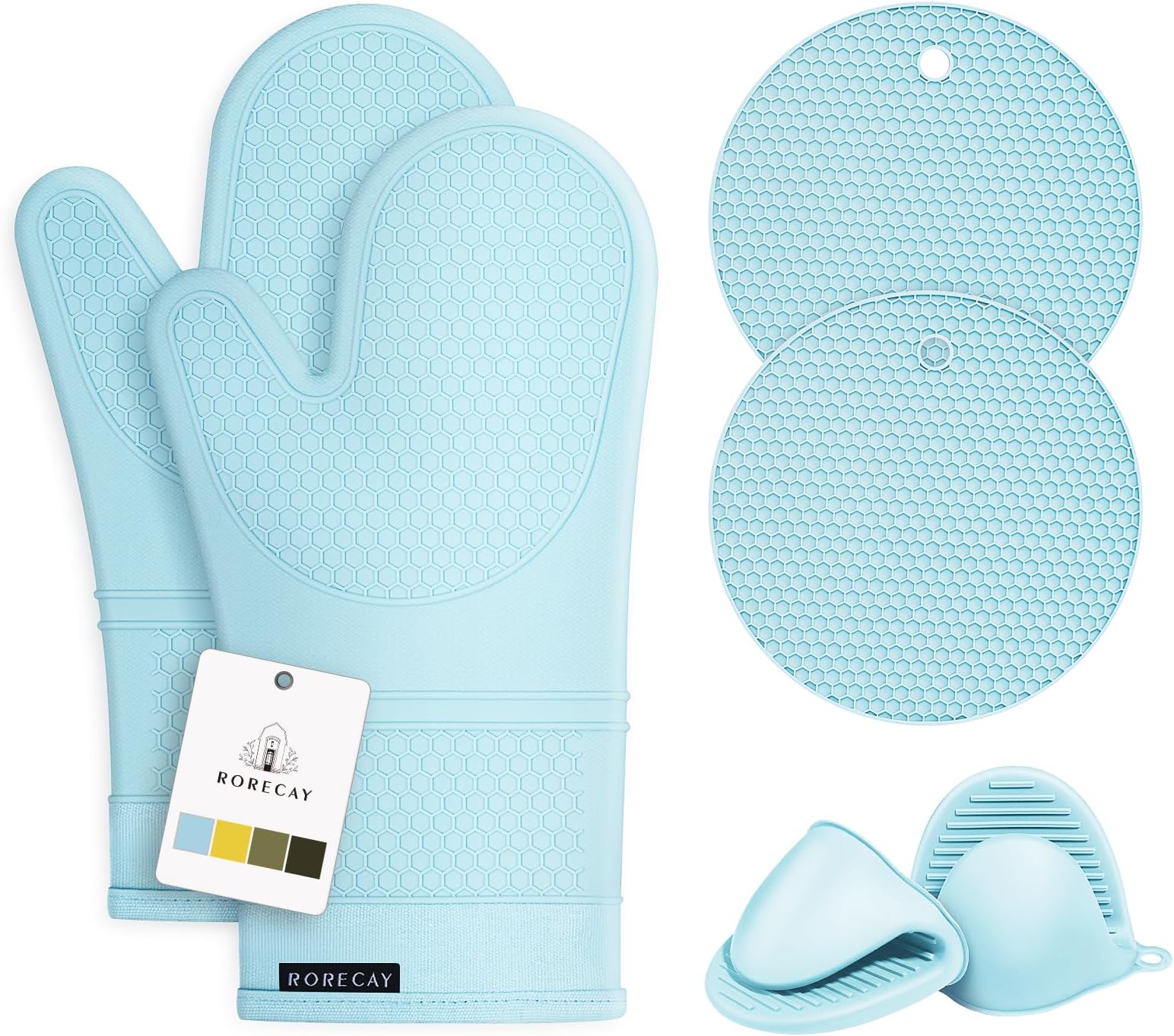 Rorecay 6pcs Oven Mitts and Pot Holders Sets, Extra Long Silicone Oven Gloves Heat Resistant 500 Degrees Non-Slip Potholders Hot Pads for Kitchen Baking Cooking, Quilted Liner, Winter Sky