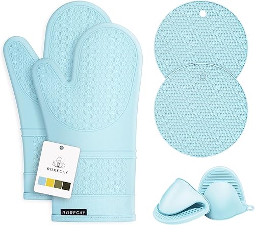 Miniatura 75 de Rorecay Juego de 6 manoplas de horno y soportes para ollas, guantes de silicona extra largos para cocina, resistentes al calor, 500 grados, Milkshake