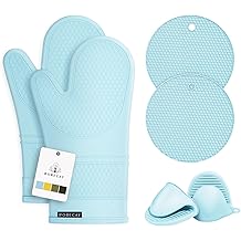 Rorecay 6pcs Oven Mitts and Pot Holders Sets, Extra Long Silicone Oven Gloves Heat Resistant 500 Degrees Non-Slip Potholders Hot Pads for Kitchen Baking Cooking, Quilted Liner, Winter Sky