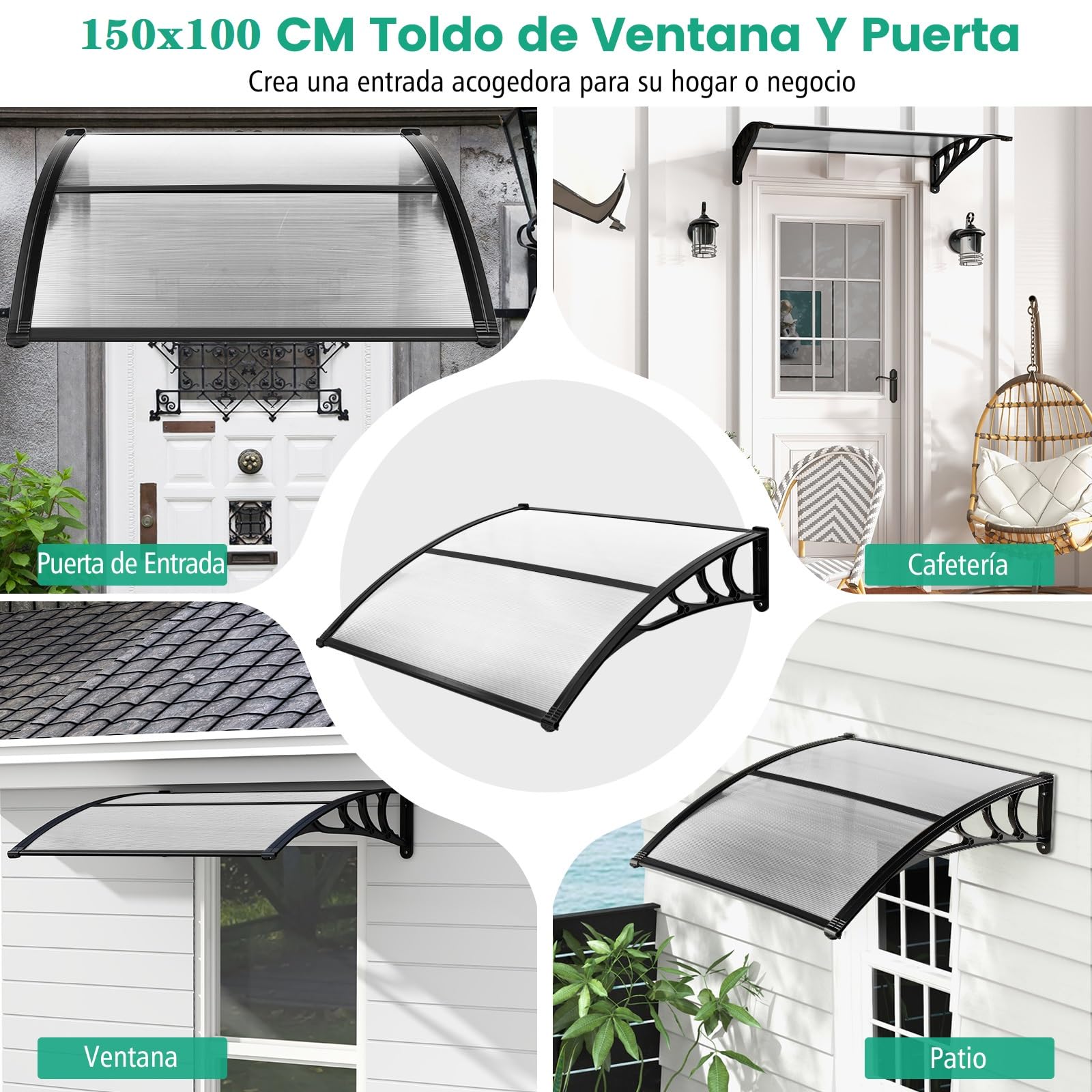 COSTWAY Marquesina Puerta Exterior 150 x 100 CM, Tejadillo de Protección Lluvia Nieve Viento Protección Solar, Tejadillo de Exterior (Gris, 150x100 cm)