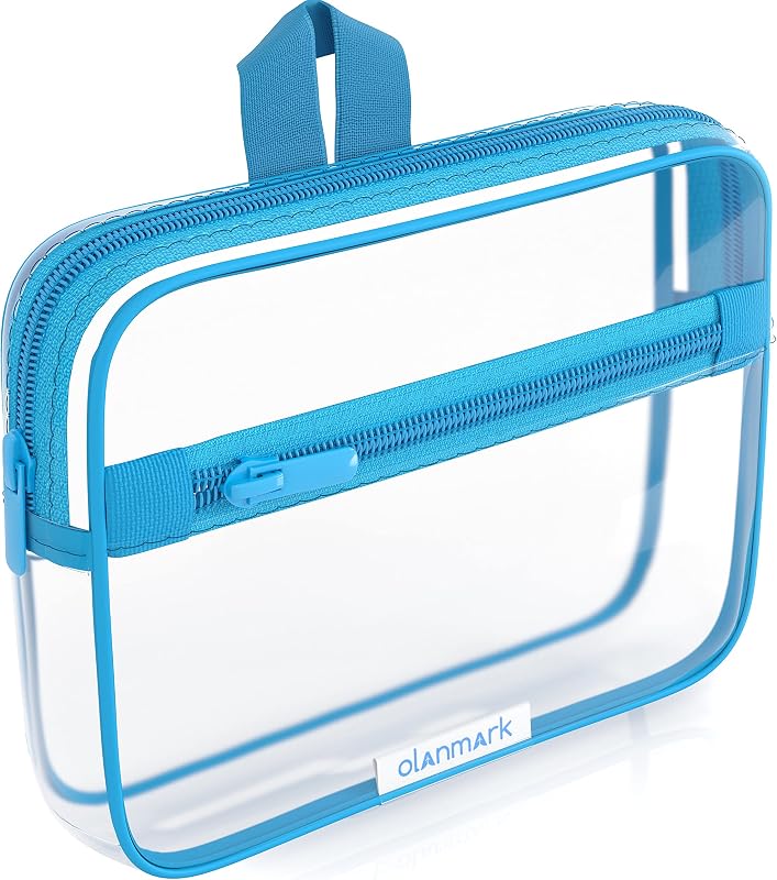 Necessaire transparente Olanmark para viagem com zíper e alça, azul, 17,78 cm x 3,81 cm x 13,97 cm