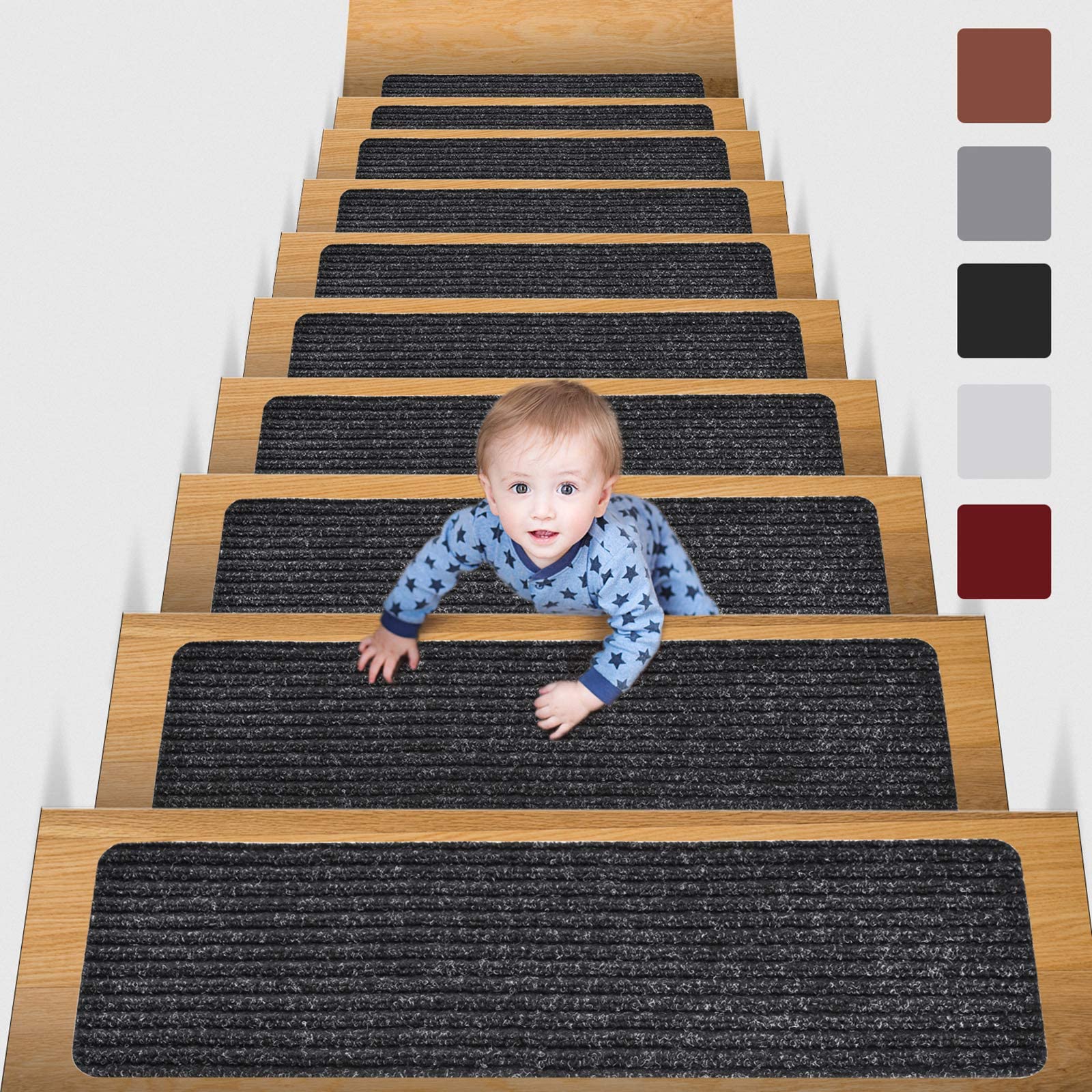 MBIGM 8" X 30" (7 in Pack) Non-Slip Carpet Stair Treads Non-Skid Safety Rug Slip Resistant Indoor Runner for Kids Elders and Pets with Reusable Adhesive, Black